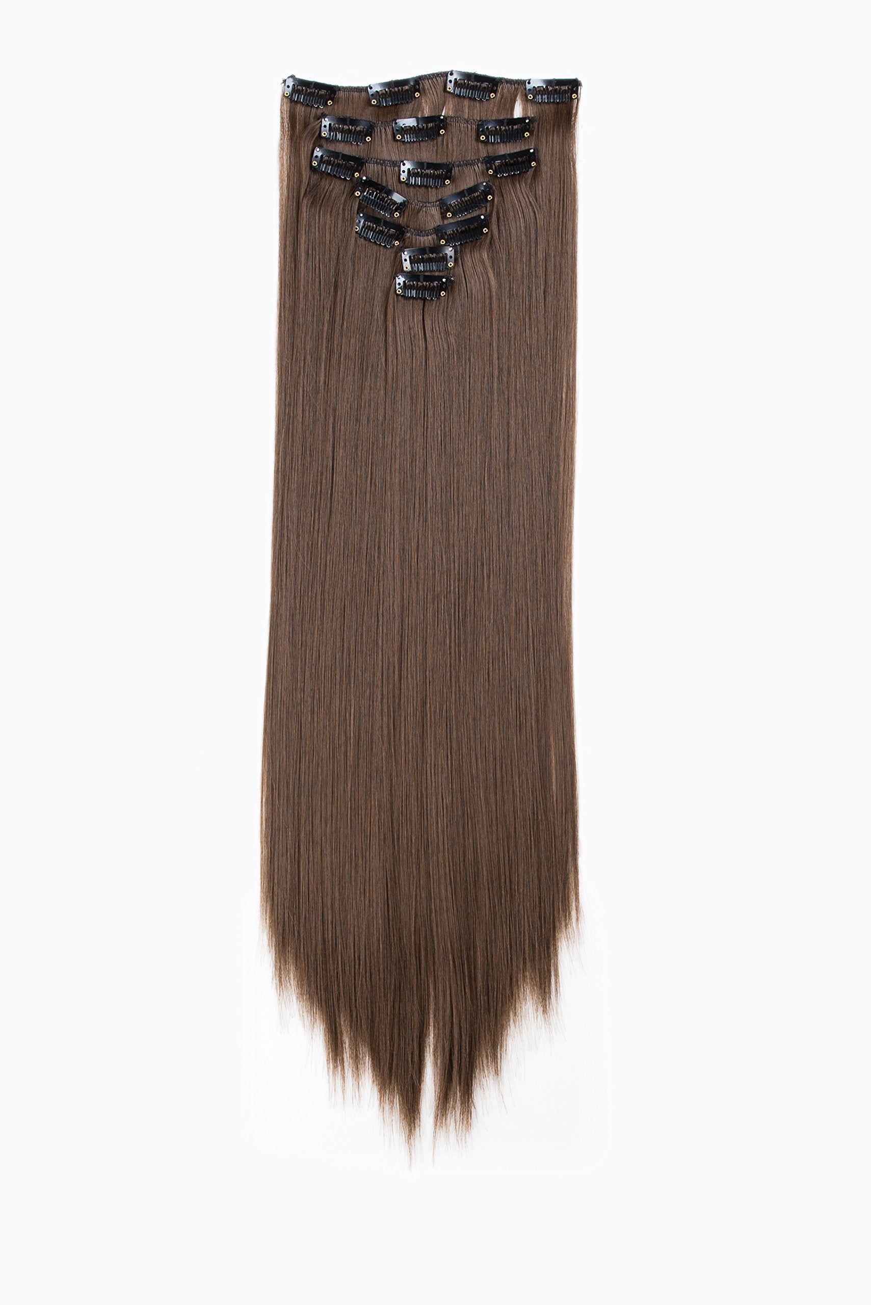 Medium Ash Brown-8# : SWACC Women 22 Inches Straight Full Head 7 Separate Pieces Heat Resistance Synthetic Hair Clip in Hair Extensions (Medium Ash Brown-8#)