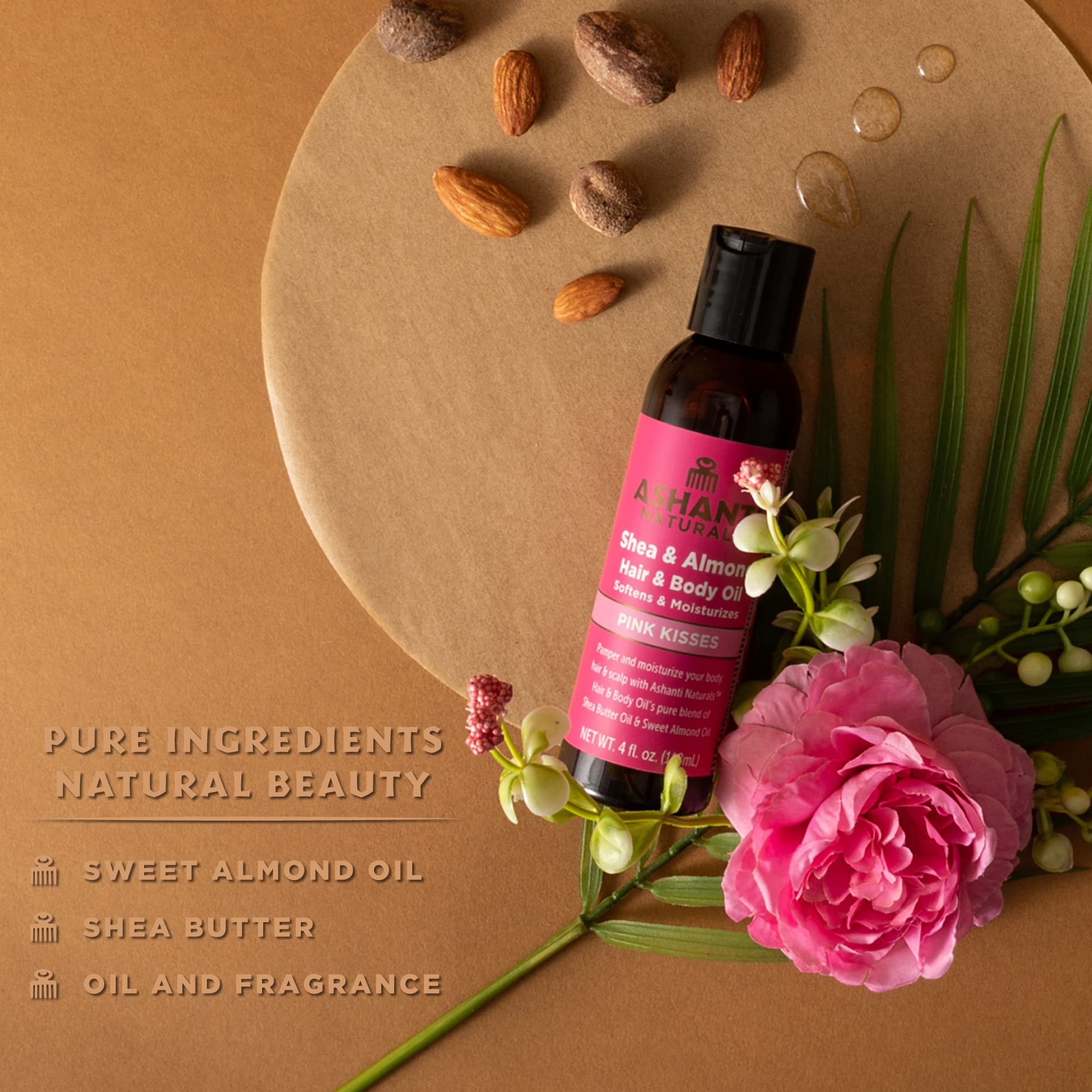 Ashanti Naturals Pure Shea and Sweet Almond Oil for Hair and Skin | Moisturizing Body Oil for Dry Skin, Scalp and Hair [Fragrance: Pink Kisses, 4 oz]