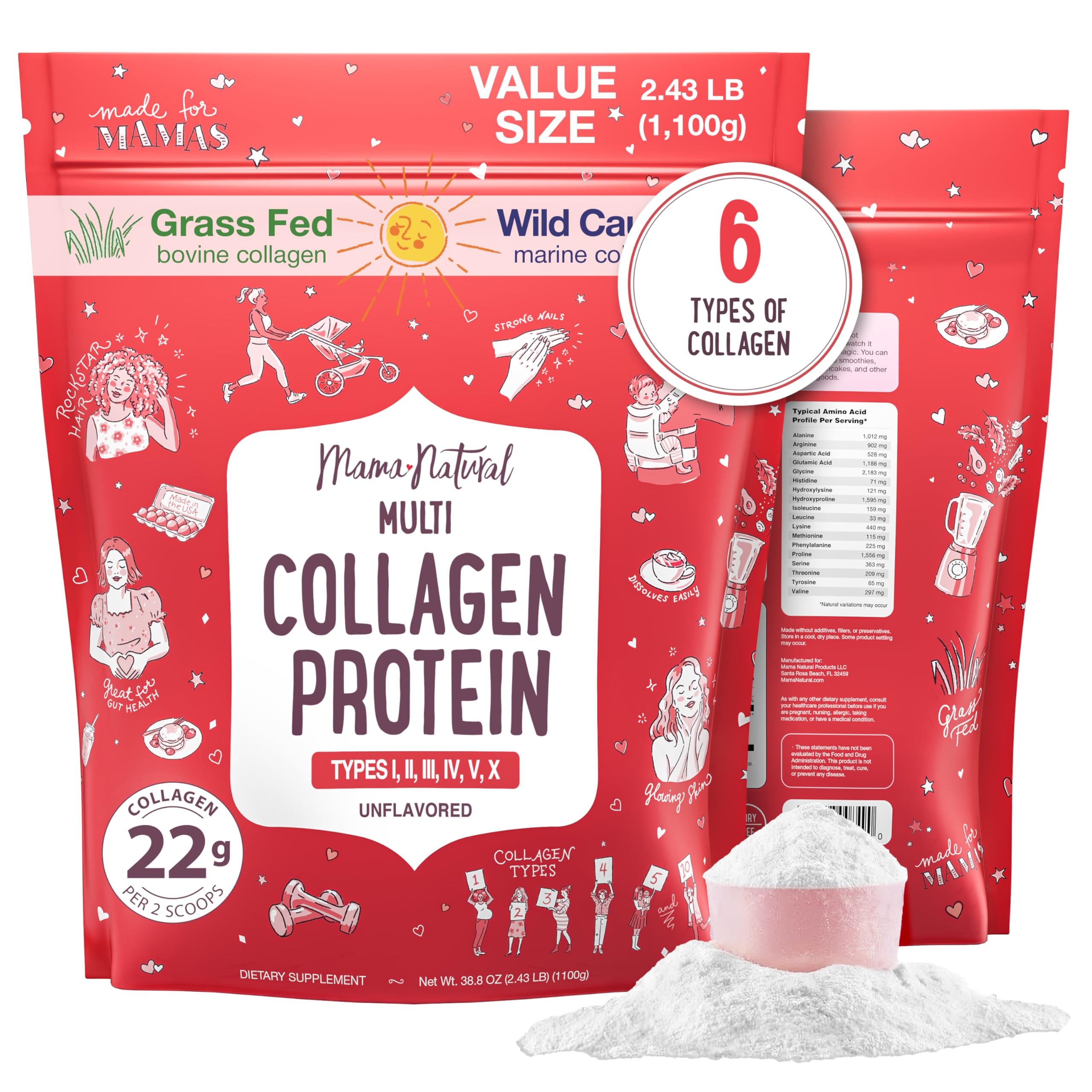 Multi Collagen Protein Powder Value Pack (100 Servings) - Unflavored & Hydrolyzed with 6 Types (1, 2, 3, 4, 5 & 10) - Pure Collagen Peptides for Women - Grass Fed Beef, Wild Fish & USA Eggshell
