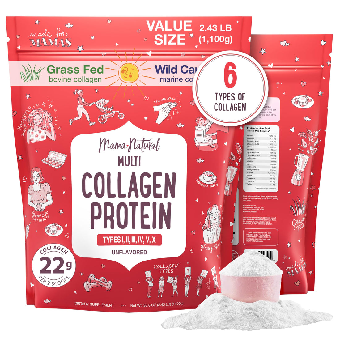 Multi Collagen Protein Powder Value Pack (100 Servings) - Unflavored & Hydrolyzed with 6 Types (1, 2, 3, 4, 5 & 10) - Pure Collagen Peptides for Women - Grass Fed Beef, Wild Fish & USA Eggshell