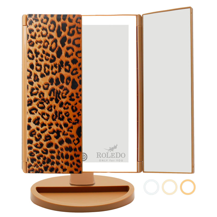RoLeDo 3 Folds Lighted Vanity Makeup Mirror, 2X/3X Magnification, 72 LED Lights Desk Mirror with Touch Screen 3 Color Lighting, Portable Cosmetic Mirror, Gifts for Women, Teen Girls, Leopard Print