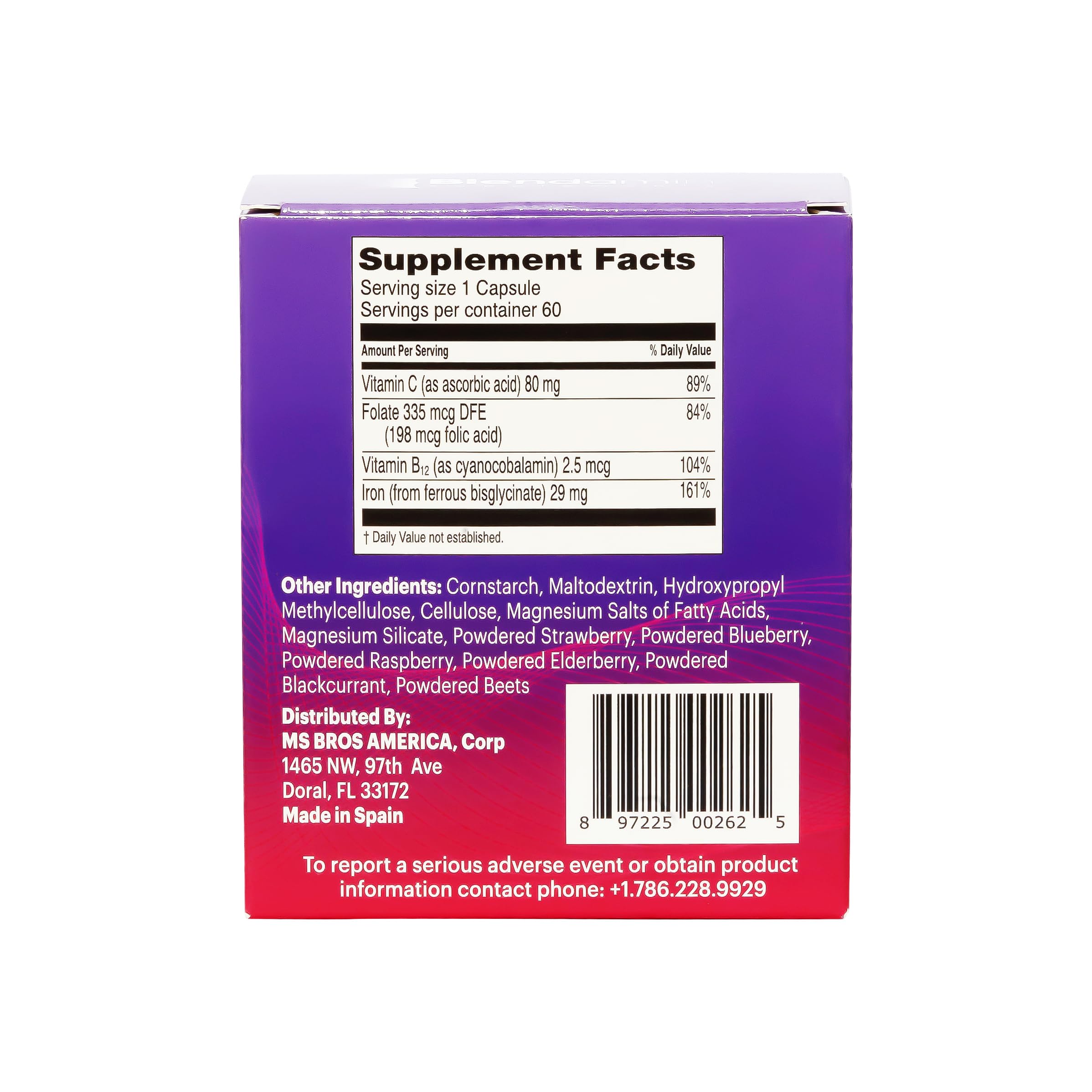Blendamin Iron Ferrous Bisglycinate with Vitamins B12 Cyanocobalamin, Folic Acid, Vitamin C, Red Cells Formation, Blood & Immunity Health 60 Capsules