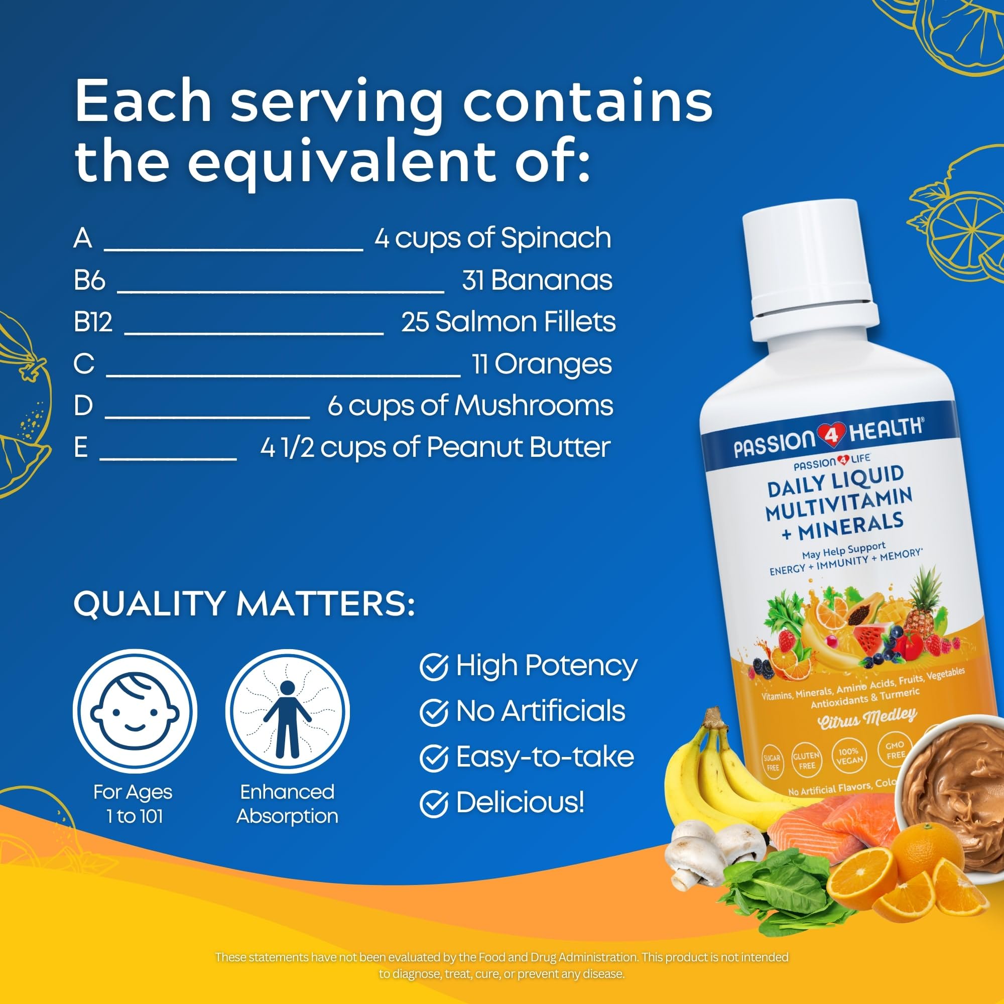 Passion 4 Life Mega Liquid Multivitamins, Trace Minerals, Amino Acids, Turmeric for Adults, Men, Women, Teens, Kids, Non-GMO, No Soy, No Dairy