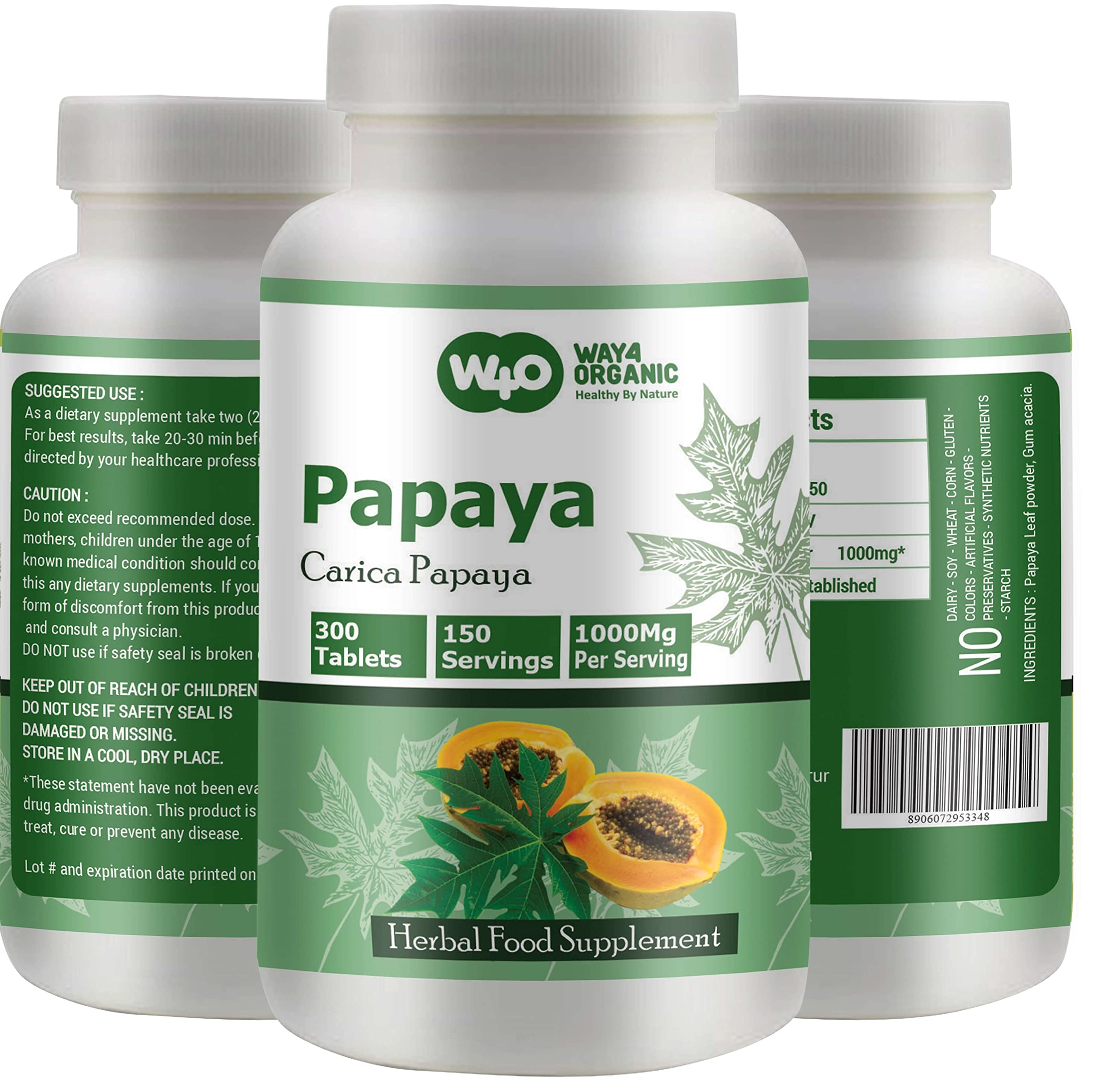 WAY 4 ORGANIC W4O Papaya Leaf Extract Capsules (Tablets) - 300 Pills, 150 Servings, 1000 mg, Supports Platelet Immunity & Digestion* (Pack of 1)
