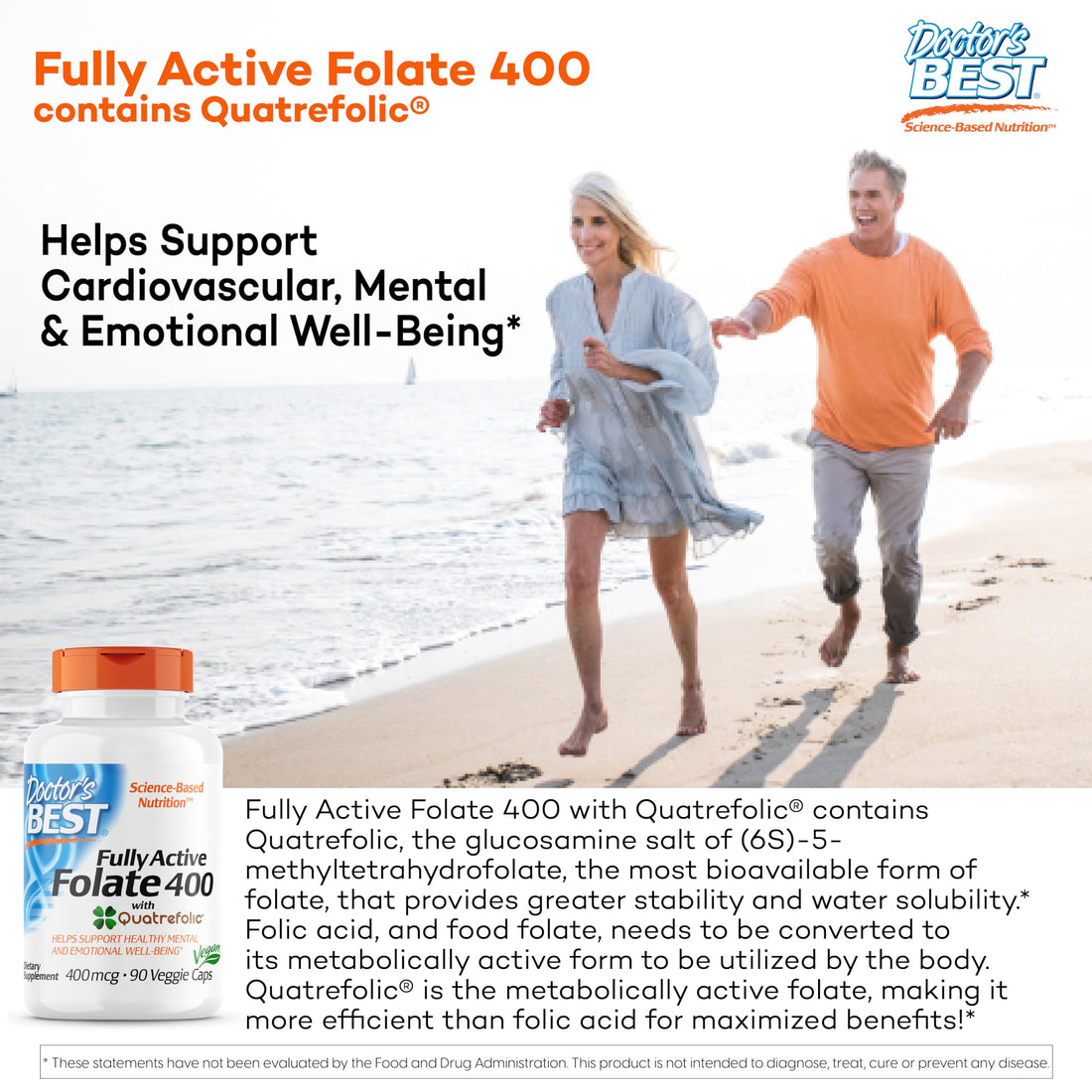 Doctor's Best Fully Active Folate with Quatrefolic NonGMO Vegan Gluten Free 400 mcg Veggie Caps, 90 Count
