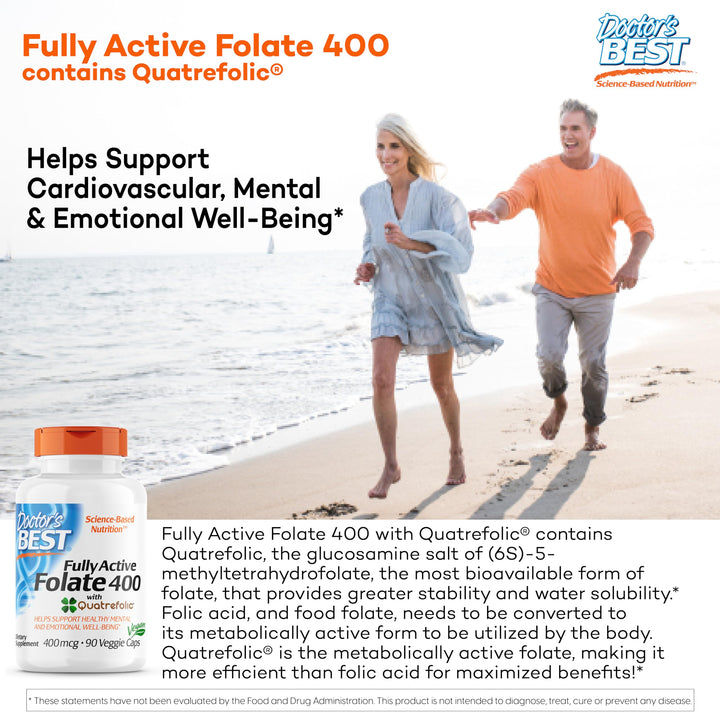 Doctor's Best Fully Active Folate with Quatrefolic NonGMO Vegan Gluten Free 400 mcg Veggie Caps, 90 Count