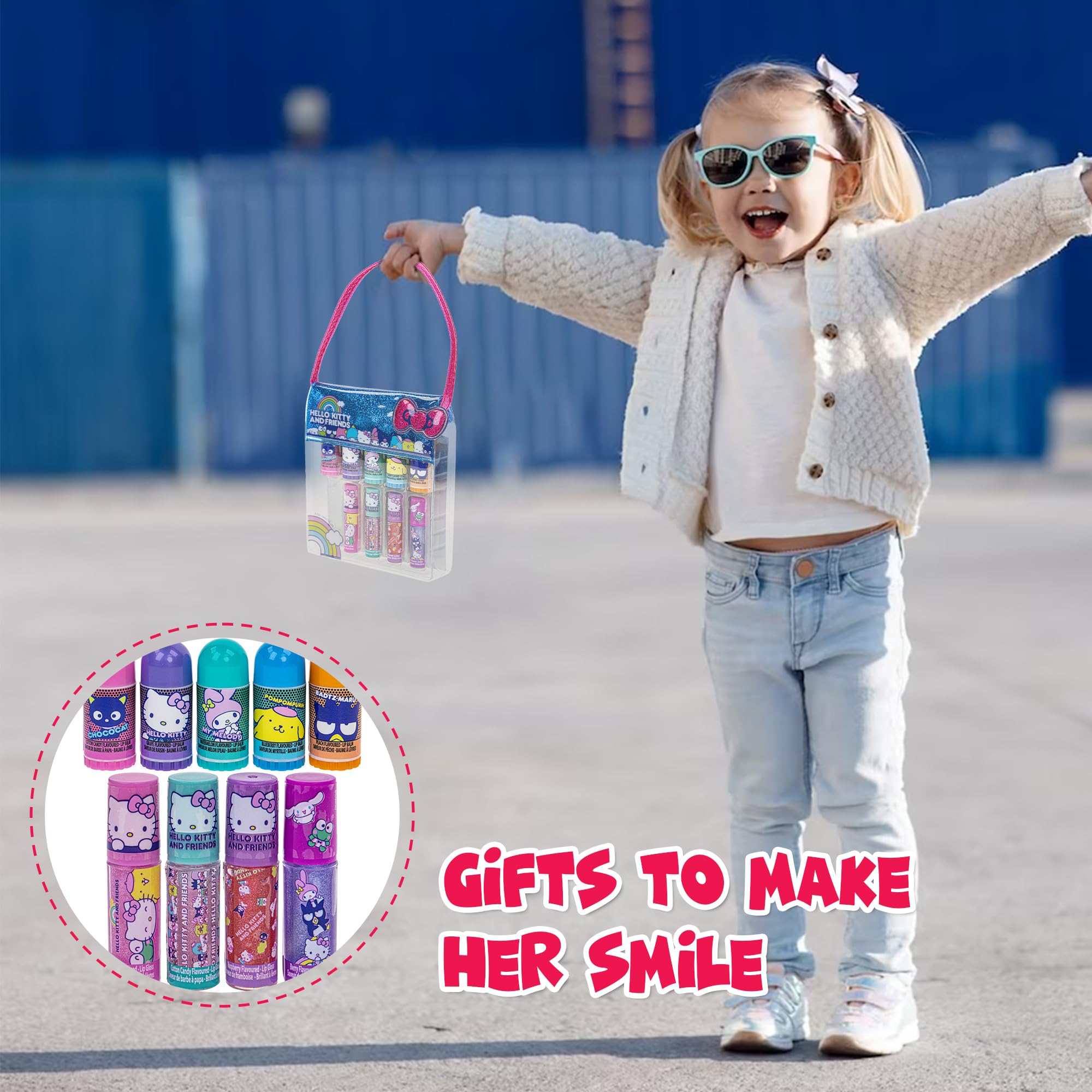 Townley Girl Hello Kitty and Friends 5 Pk Lip Balm and 4 Pk Lip Gloss Set w/Bag, Makeup Cosmetic Set for Kids and Girls, Ages 3+, Perfect for Parties, Sleepovers & Makeovers