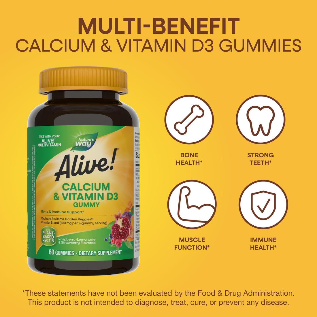 Nature's Way Alive! Daily Calcium & Vitamin D3 Gummies, Bone Support*, Immune Support*, Strawberry and Raspberry- Lemonade Flavored, 60 Gummies (Set of 3)