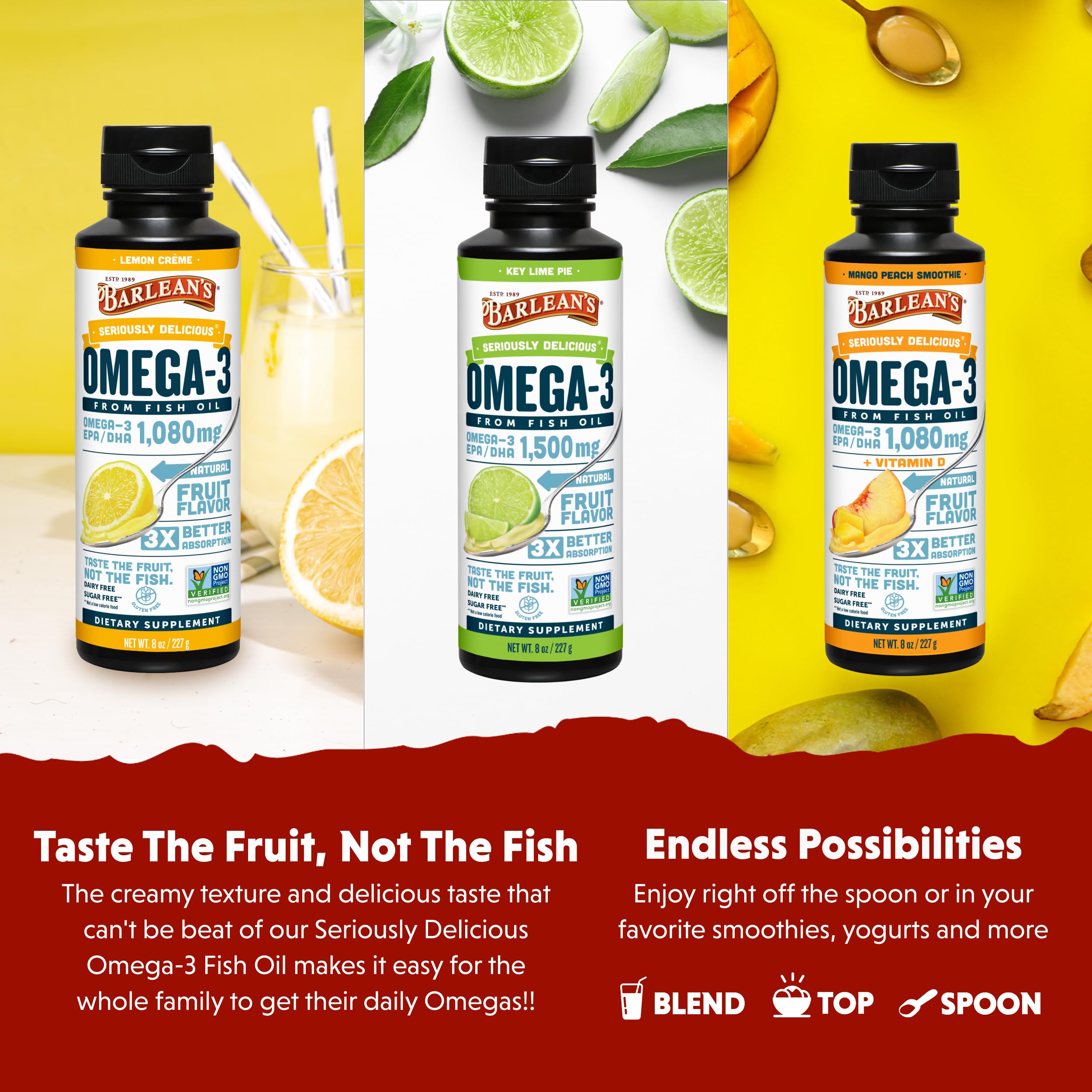 Barlean's Omega 3 Fish Oil Liquid Supplement Pack of 3, EPA and DHA Fatty Acid, Smoothie Flavored for Brain, Joint, and Heart Health, Includes Key Lime Pie, Lemon Crème and Mango Peach Flavors, 8 oz