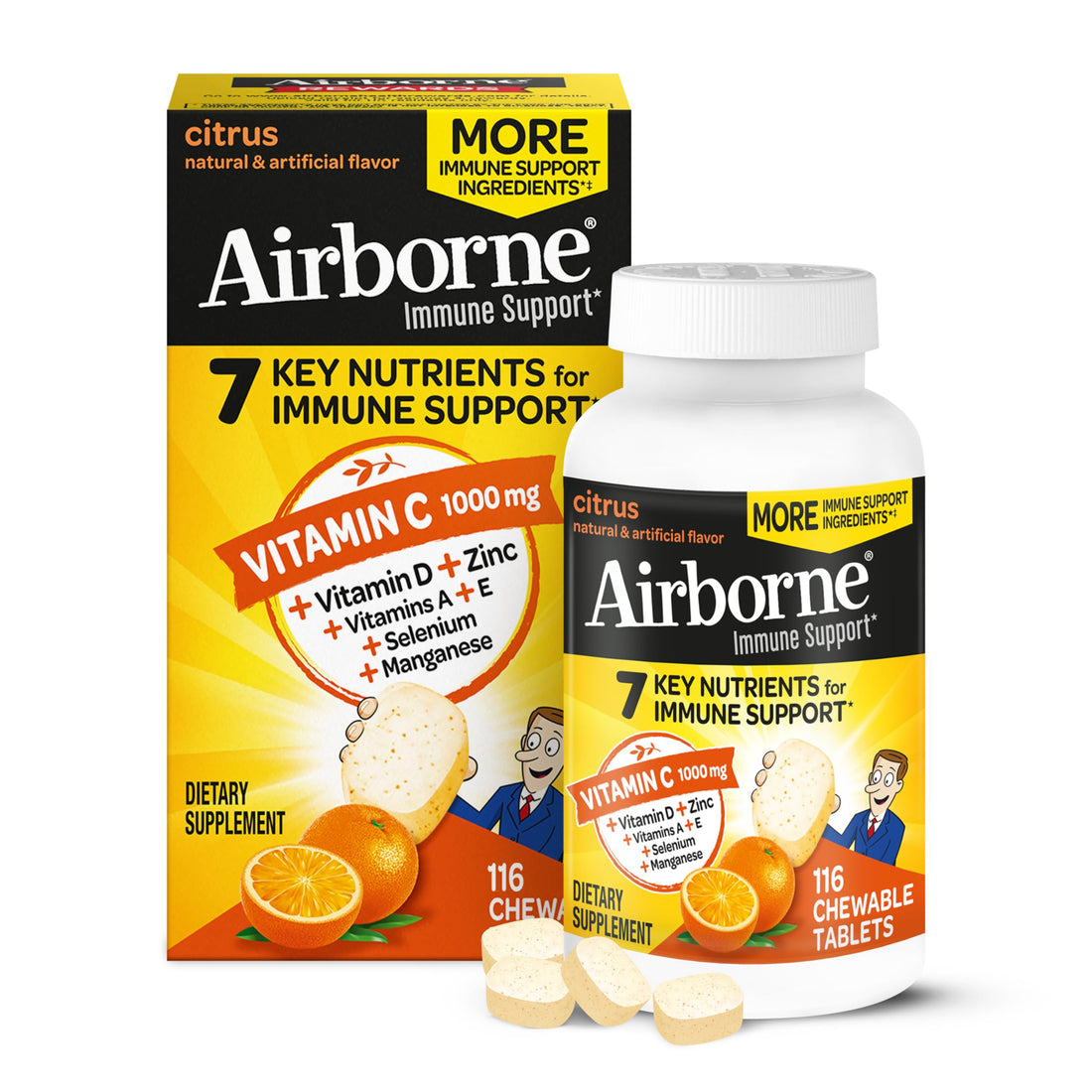 Airborne 1000mg Vitamin C with Vitamin D & Zinc, Multivitamin Immune Support Supplement, Antioxidants Vitamins A C & Vitamin E, 116 Chewable Tablets, Citrus Flavor