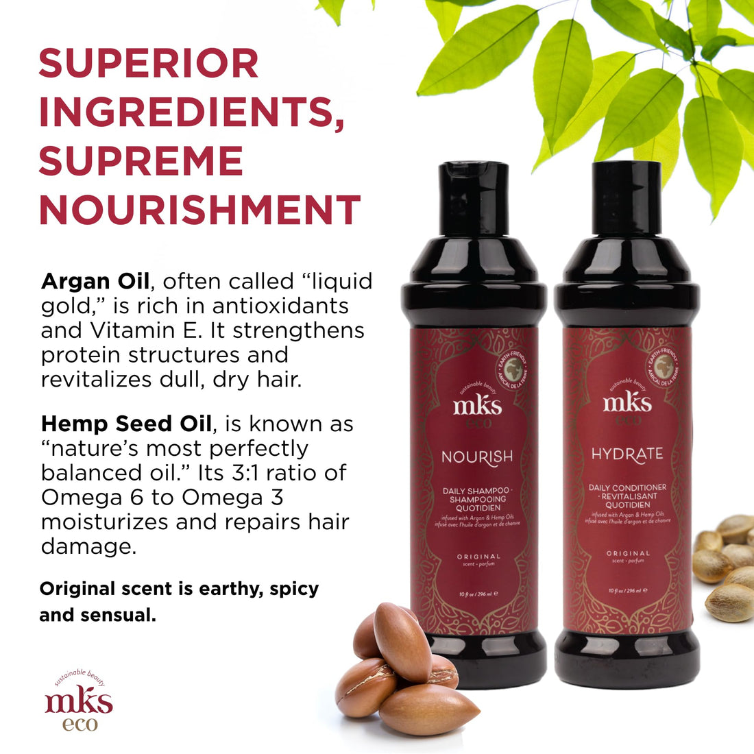 MKS eco Nourish Shampoo, Original Scent (10 fl oz) + MKS eco Hydrate Conditioner, Original Scent (10 fl oz) - Moroccan Argan Oil, Hemp Seed Oil - Vegan, Cruelty Free