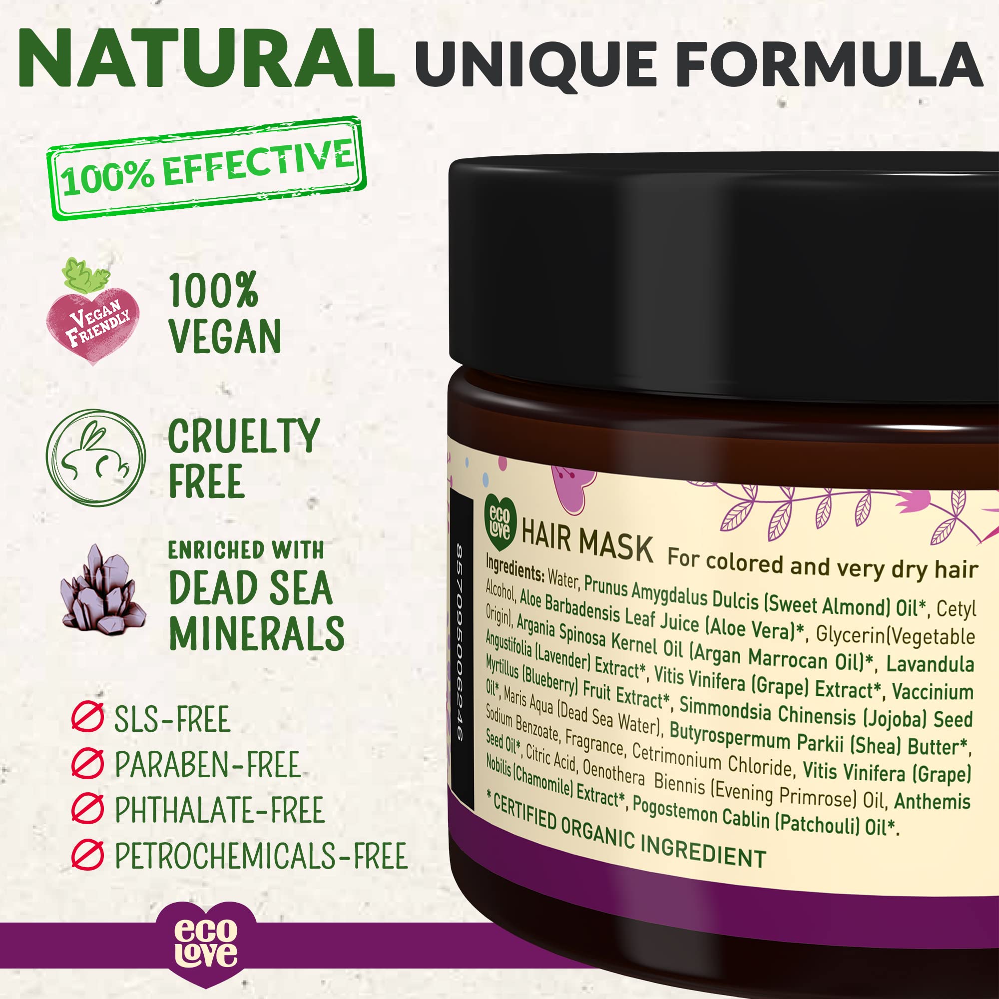 ecoLove Purple Collection Hair Mask for colored & very dry hair - Blueberry, Grape & Lavender. 100% VEGAN (11.8 Oz)