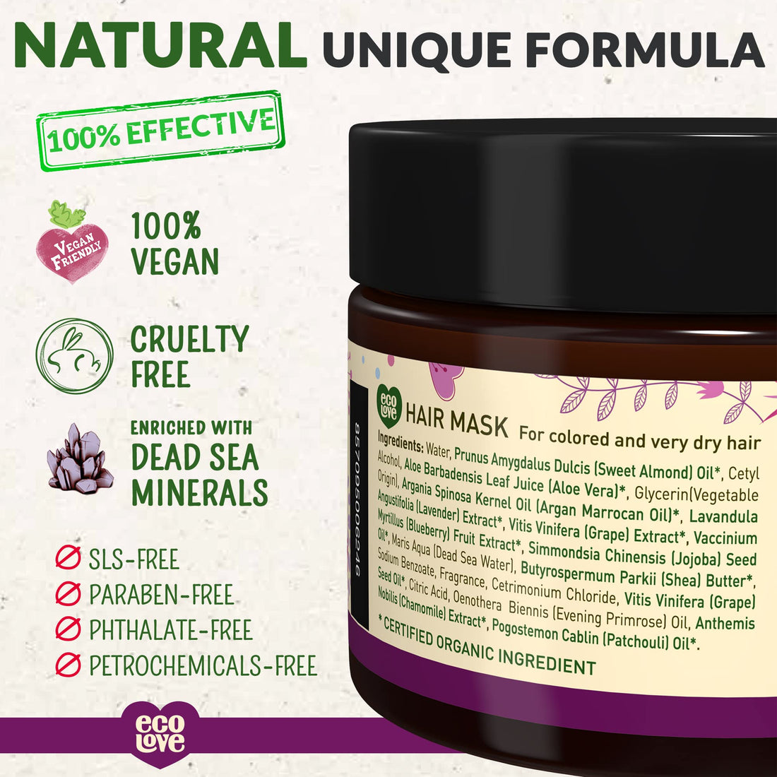 ecoLove Purple Collection Hair Mask for colored & very dry hair - Blueberry, Grape & Lavender. 100% VEGAN (11.8 Oz)
