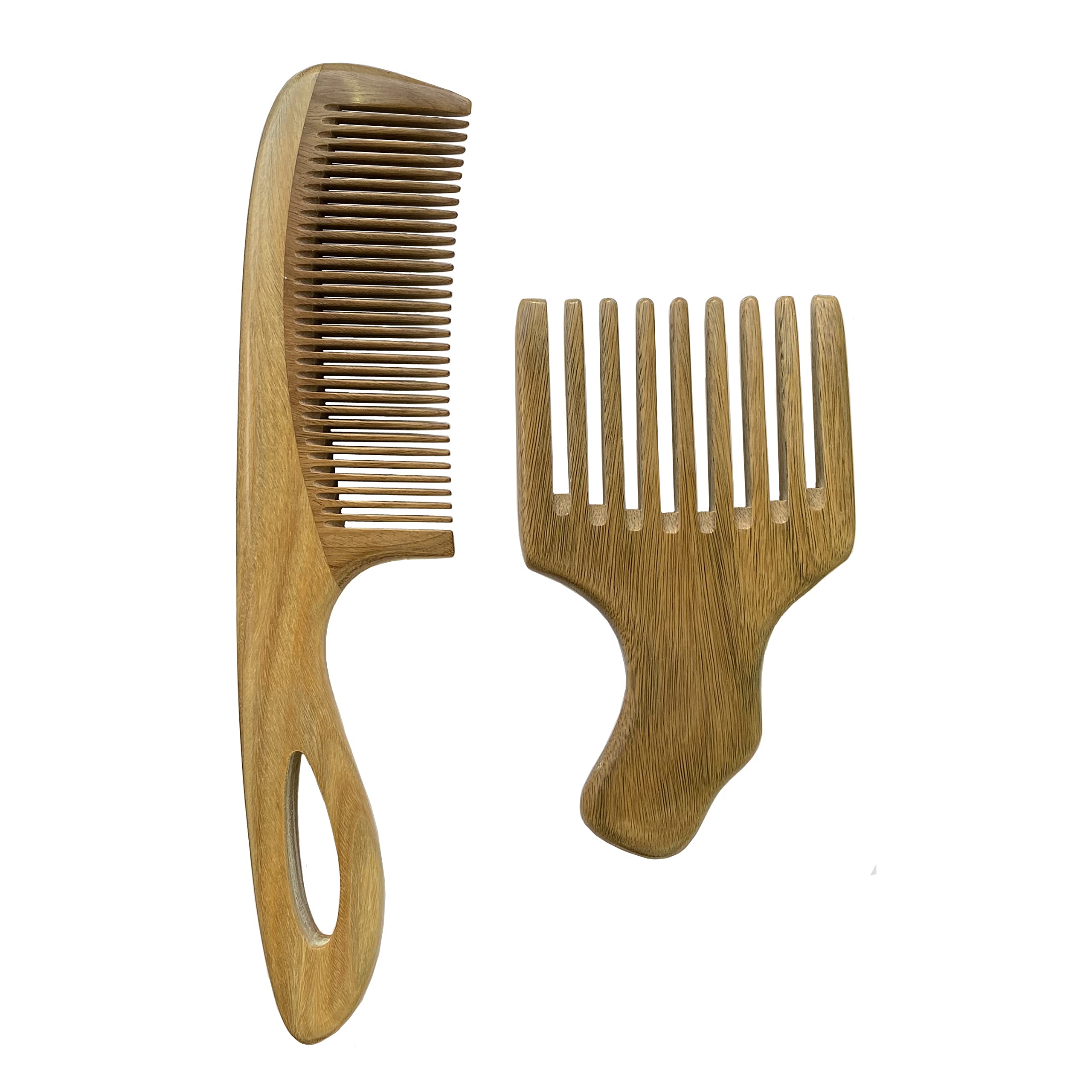 Aguder Green Sandalwood Hair Combs Gift Set 2pcs No Static Detangling Natural Aroma Handmade Wooden Comb Wide and Fine Tooth