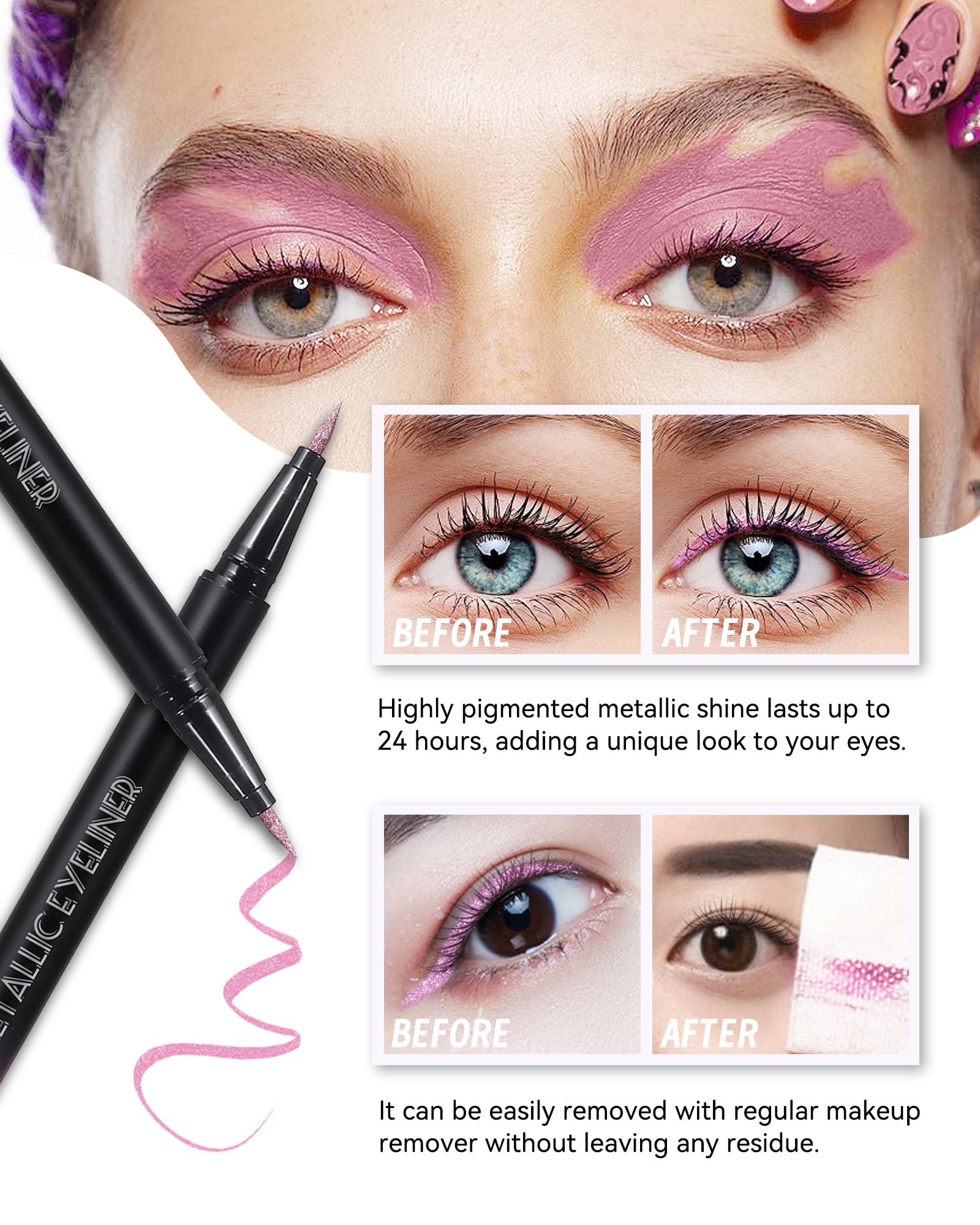 Metallic Glitter Liquid Eyeliner, Light Blue Diamond Shimmer Colored Eyeliner, Waterproof Long-Stay Eye Liner Pen, Ultra-Fine Tip Smooth Application, Smudge-Proof High Pigmented Delineador De Ojos-03