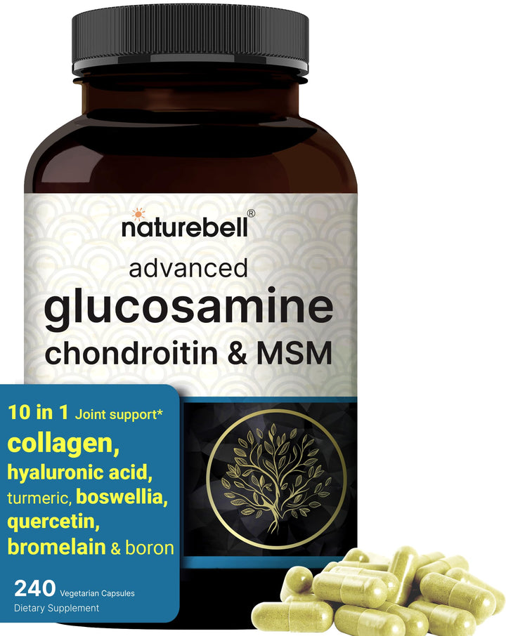 Advanced Glucosamine Chondroitin MSM Supplement, 240 Capsules | 10-in-1 Joint Support Complex – with Hyaluronic Acid, Collagen, Turmeric, Boswellia, & More – Non-GMO