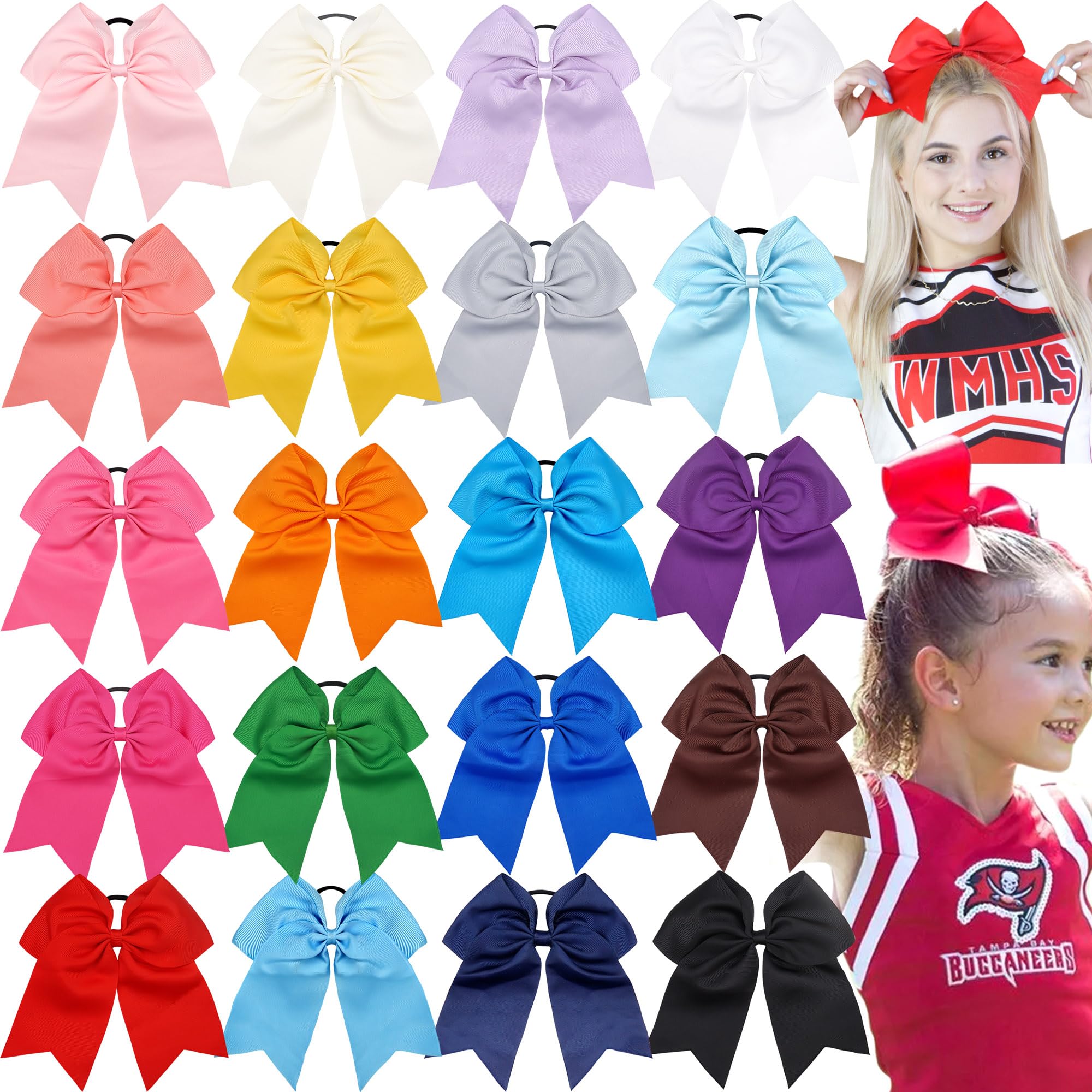 20Pcs 7 Large Cheer Bows for Girls Ponytail Holder Satin Cheerleading Bows Elastic Hair Tie for School Colleage Teens Senior Cheerleader