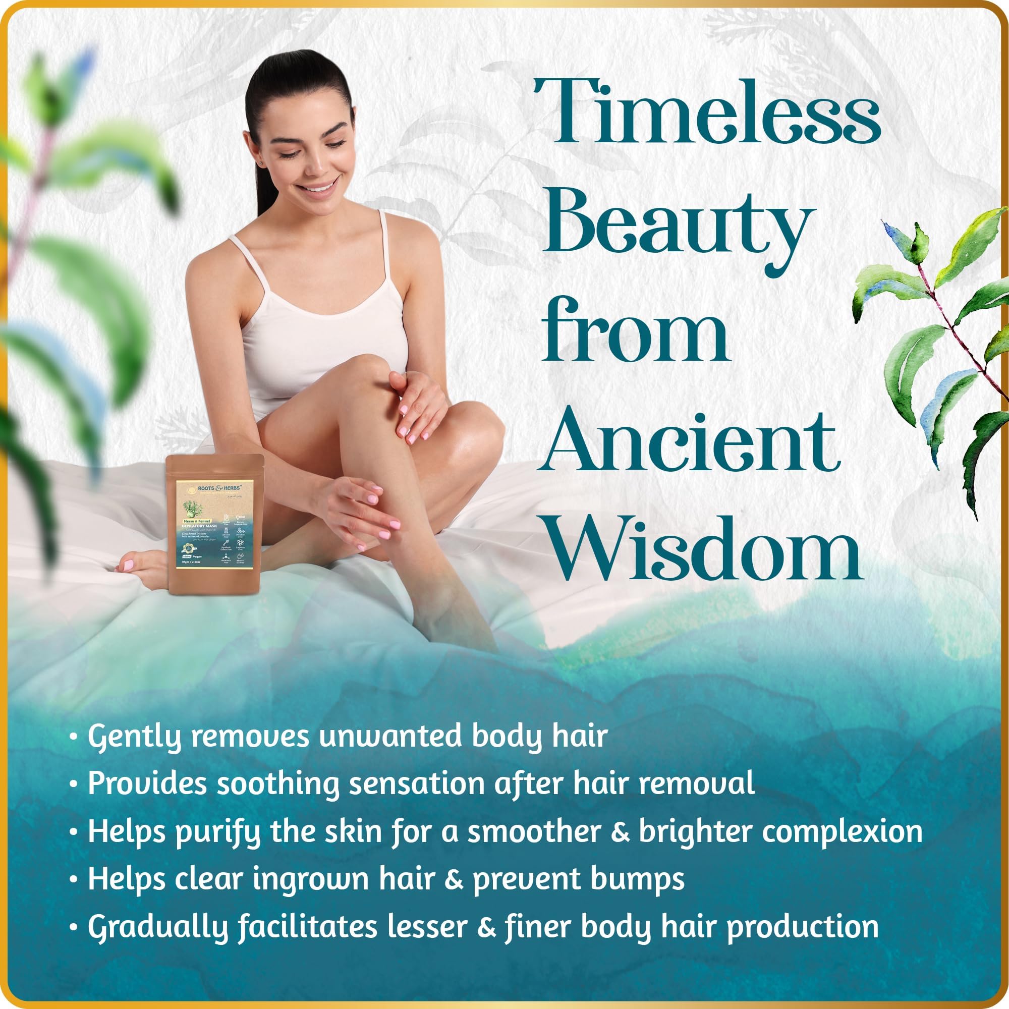 ROOTS AND HERBS Vegan Hair Removal - Neem and Fennel Depilatory Mask - Men and Women's Facial Hair Removal for sensitive skin, Organic Hair remover, Pubic, Bikini, Leg Mask, Powder Waxing (2.47 Ounce)