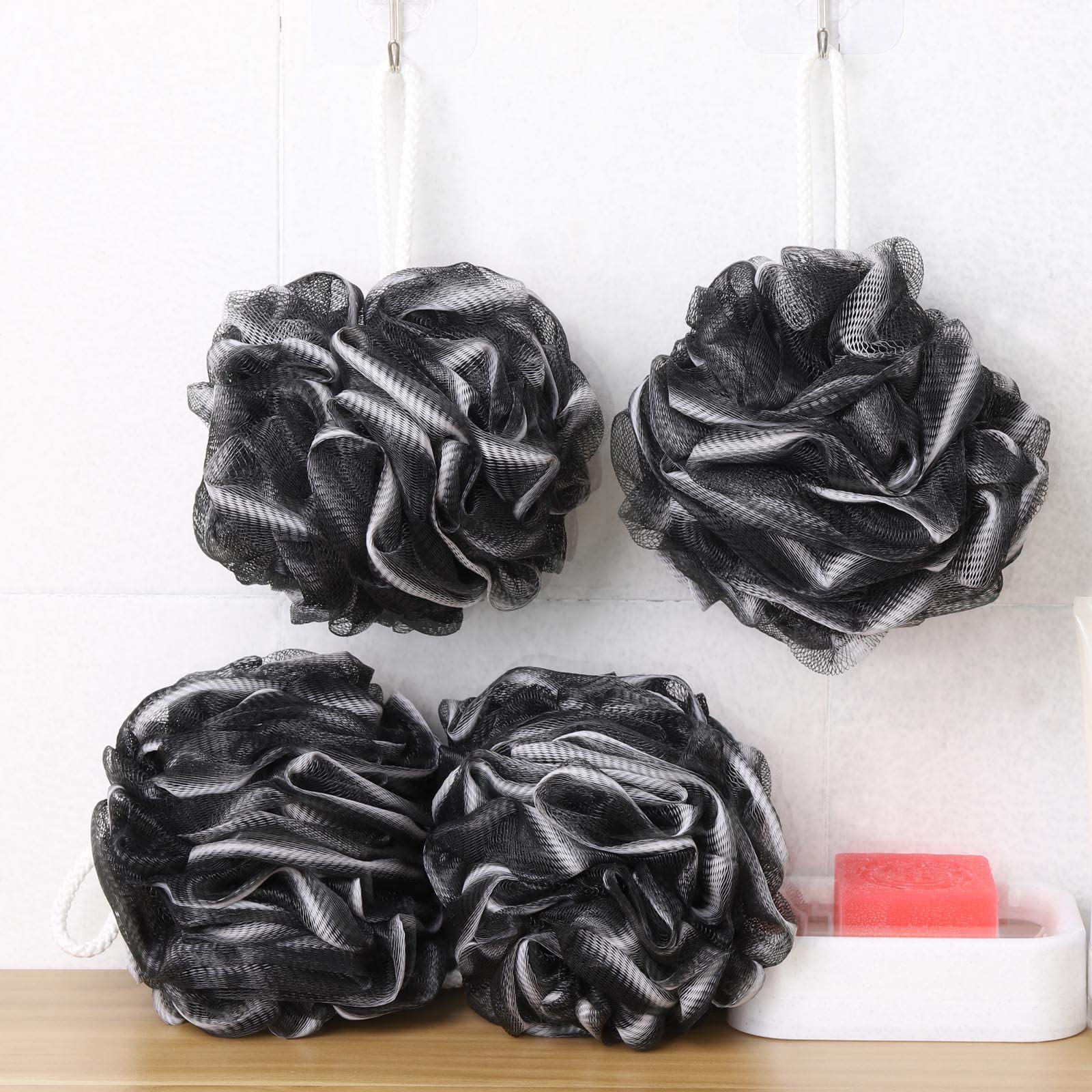 BTYMS 4 Pieces Shower Loofahs Bath Scrunchies 75g/pcsLarge Bath Sponge Body Loofahs Shower Pouf Mesh Pouf for Bathing