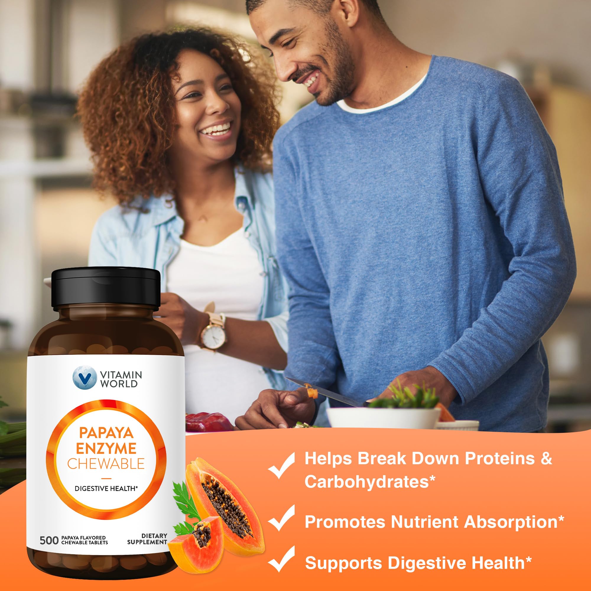 Vitamin World Papaya Enzymes Chewable Tablets - Papain, Amylase & Protease for Digestion & Nutrient Absorption, Papaya Flavor, Gluten Free, 500 Count