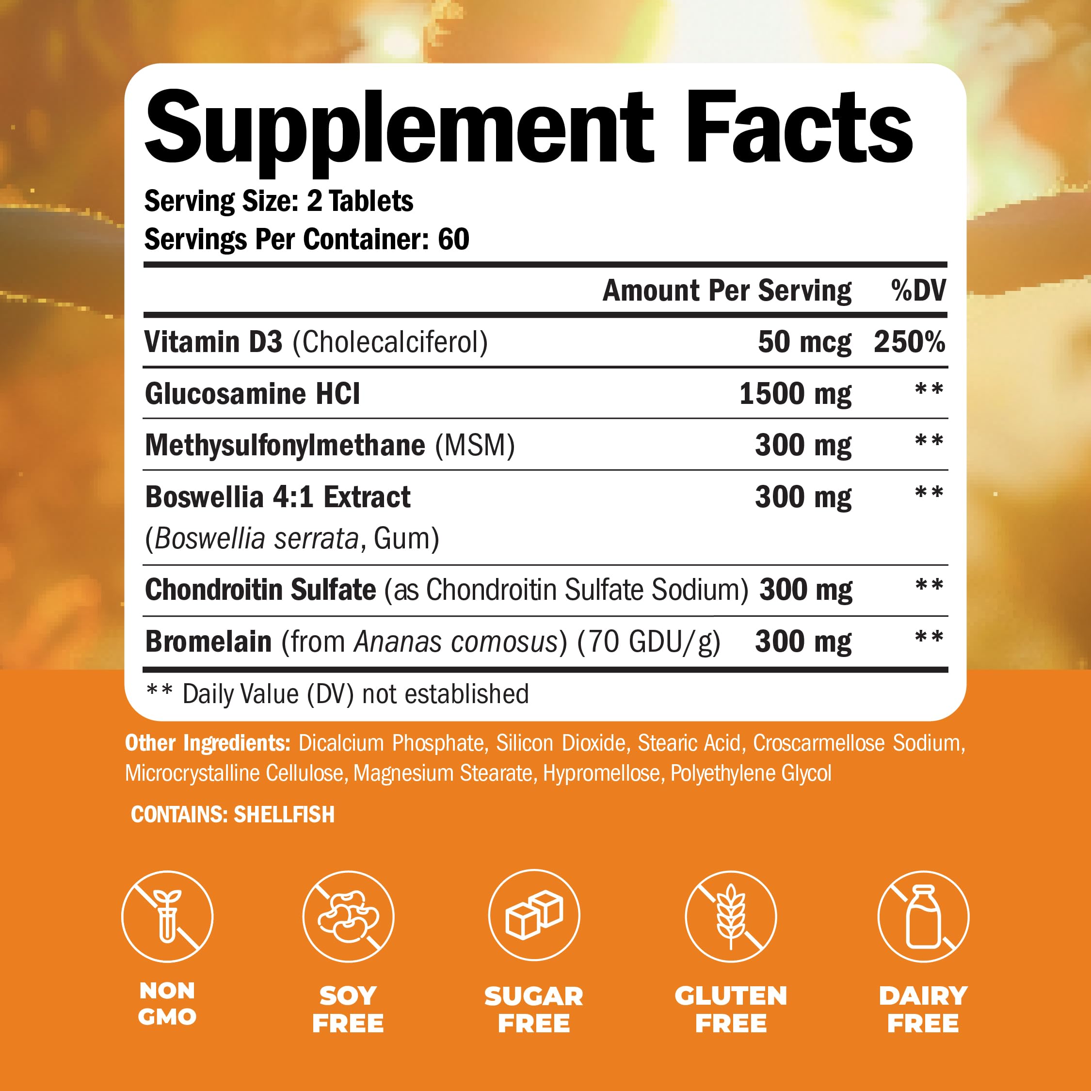 Glucosamine Chondroitin MSM with Vitamin D3, Boswellia, & Bromelain - Bone and Joint Support Supplement for Active Women & Men to Support Hair, Skin, Nails, Strong Bones, & Immune Health. 120 Tablets