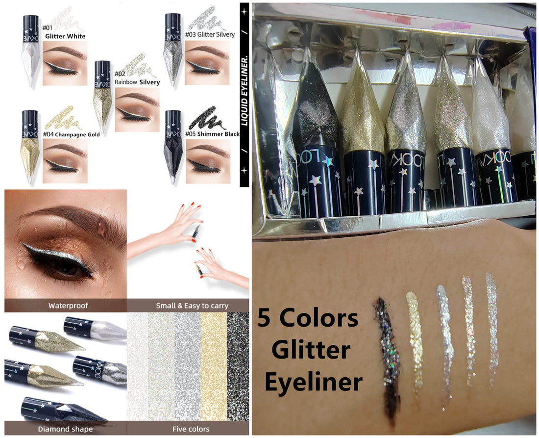 Go Ho Glitter Liquid Eyeliner Colorful Set,5 Colors Metallic Shimmer White Black Silver Gold Diamond Eyeliner,Glitter Eye Liner Sticks,Waterproof Long Lasting Sparkle Eye Makeup