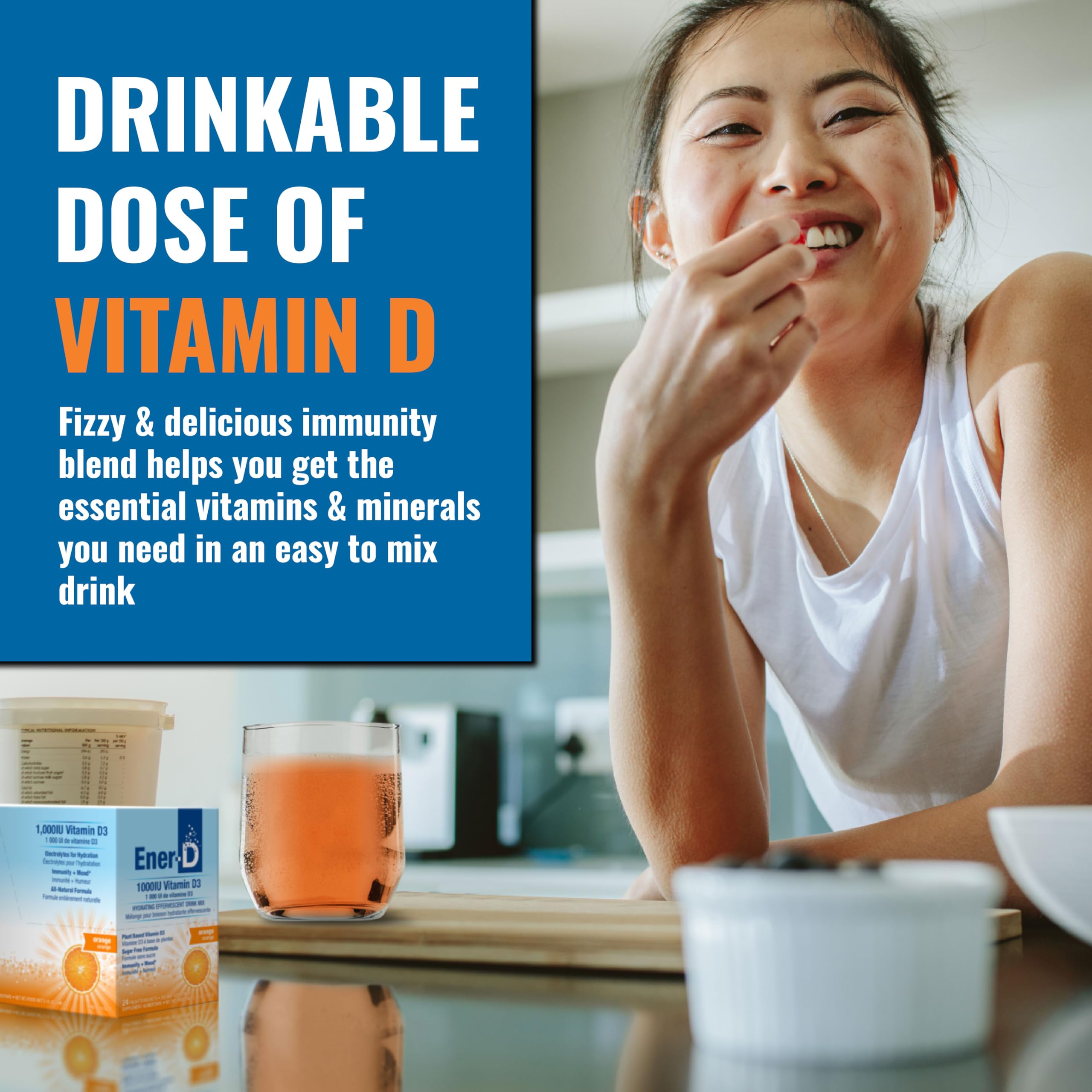 Ener-D Sugar Free Vitamin D3 Orange Multivitamin Drink Powder - Natural Immune & Energy Support for Women & Men - Zinc C & B Vitamins Plus Electrolytes Vegan & Non-GMO Real Fruit Juice - 24 Count