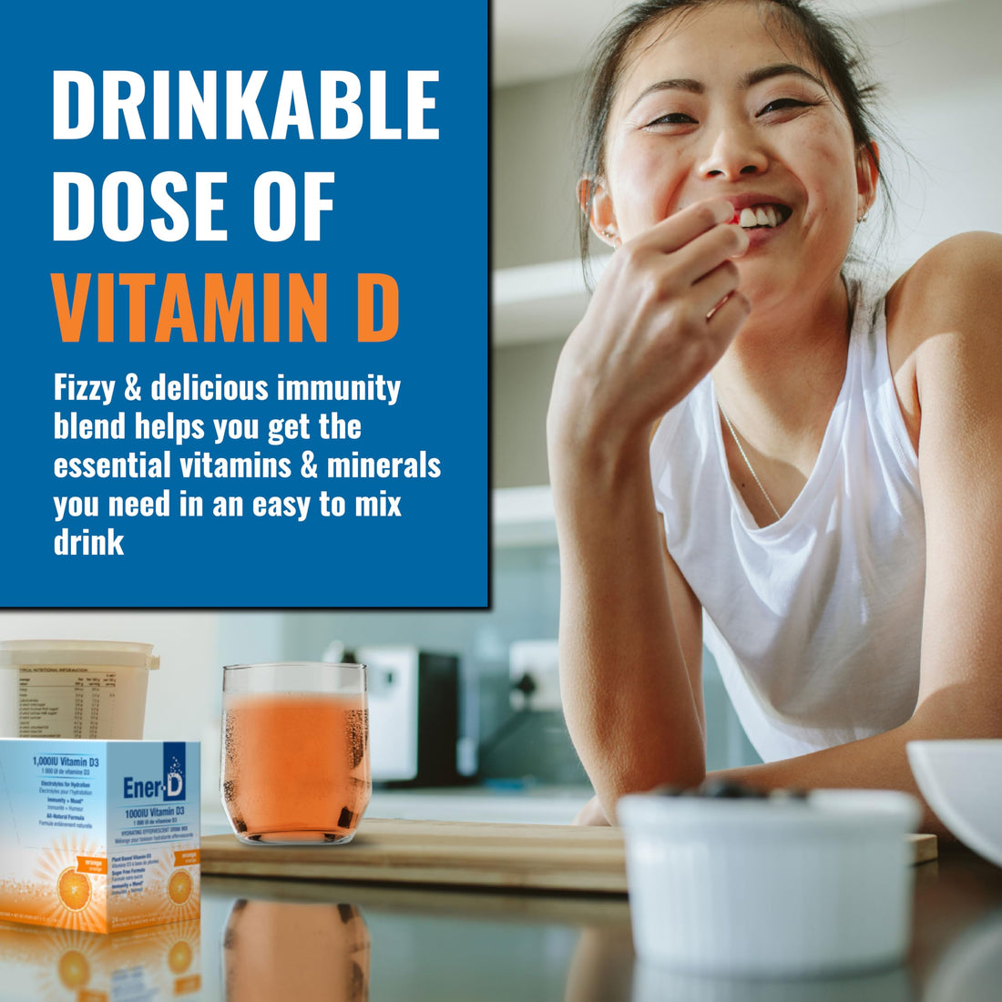 Ener-D Sugar Free Vitamin D3 Orange Multivitamin Drink Powder - Natural Immune & Energy Support for Women & Men - Zinc C & B Vitamins Plus Electrolytes Vegan & Non-GMO Real Fruit Juice - 24 Count