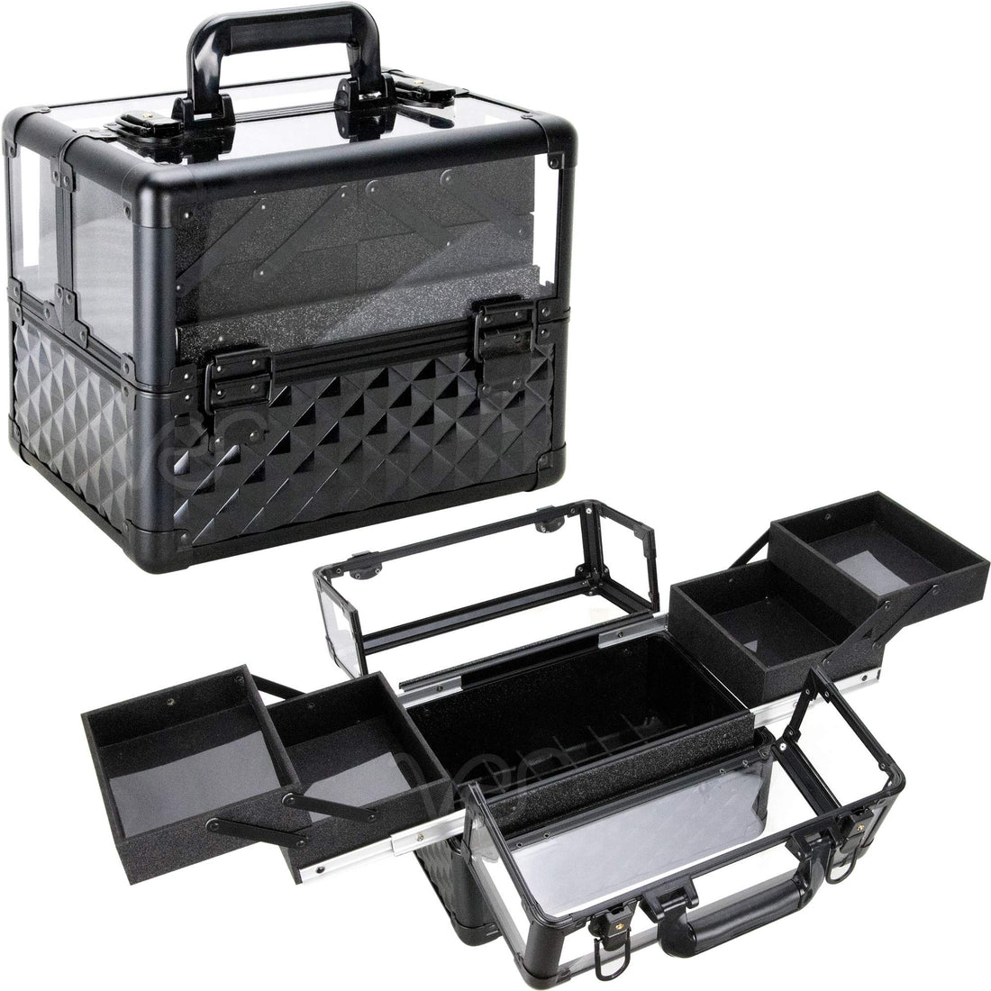 Ver Beauty 3.8mm armored acrylic makeup case jewelry portable travel organizer with 4 extendable trays clear cover micro-fiber cloth brush holders keylocks - vp017, Black Diamond