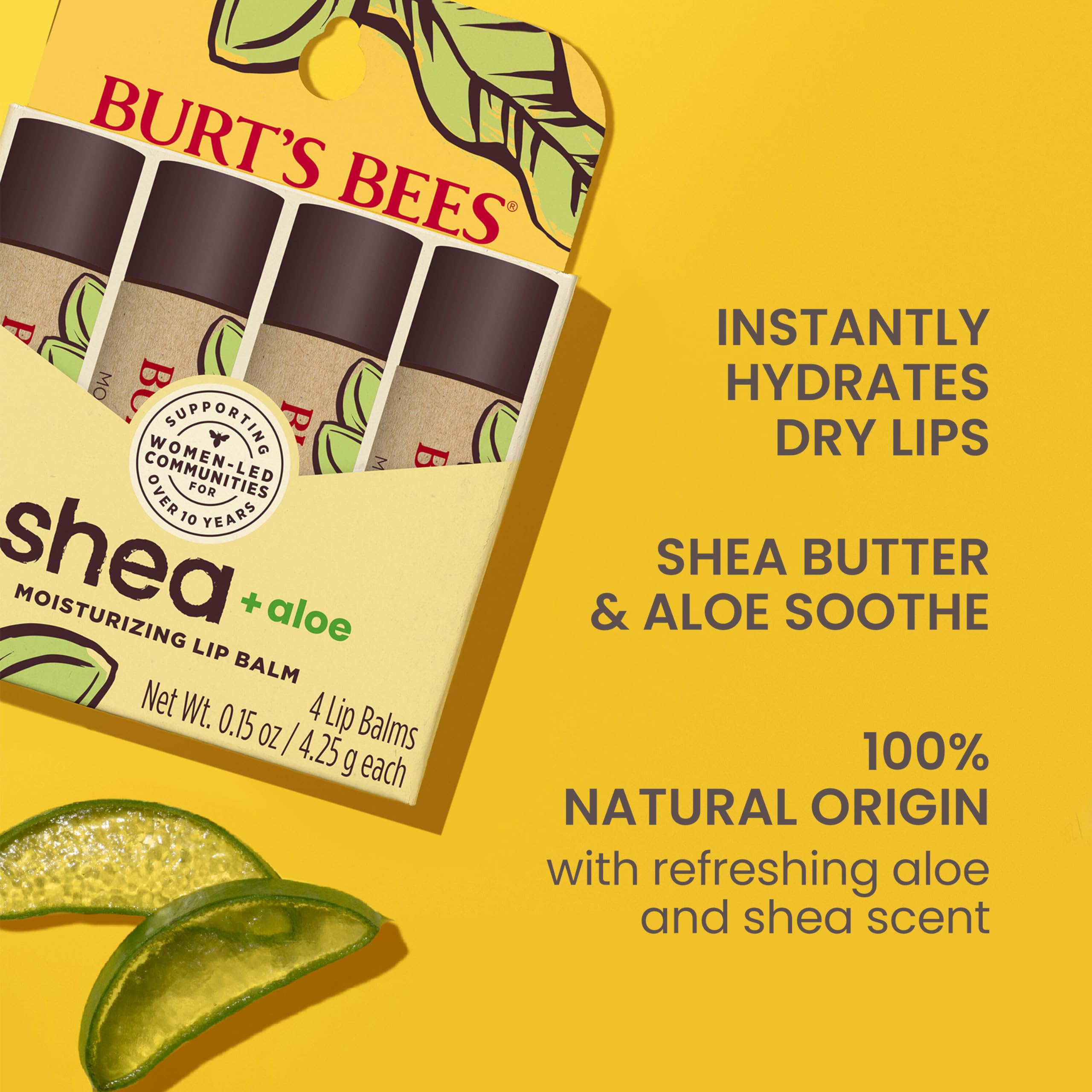 Burt's Bees Shea and Aloe Moisturizing Lip Balm, Lip Moisturizer With Responsibly Sourced Beeswax, Tint-Free, Natural Origin Conditioning Lip Treatment, 4 Tubes, 0.15 oz.