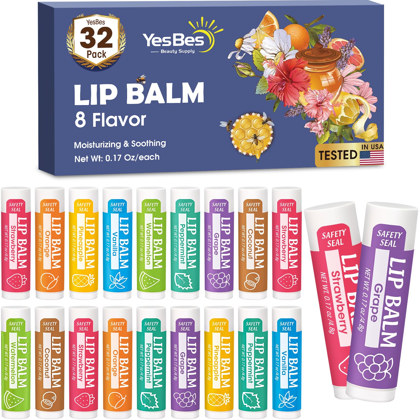 YesBes 32 Pack Lip Balm, Natural Lip Balm Bulk with Vitamin E and Coconut Oil, Moisturizing Lip Balms for Dry Cracked Lips, Lip Balms for Stocking Stuffers - 8 Flavors