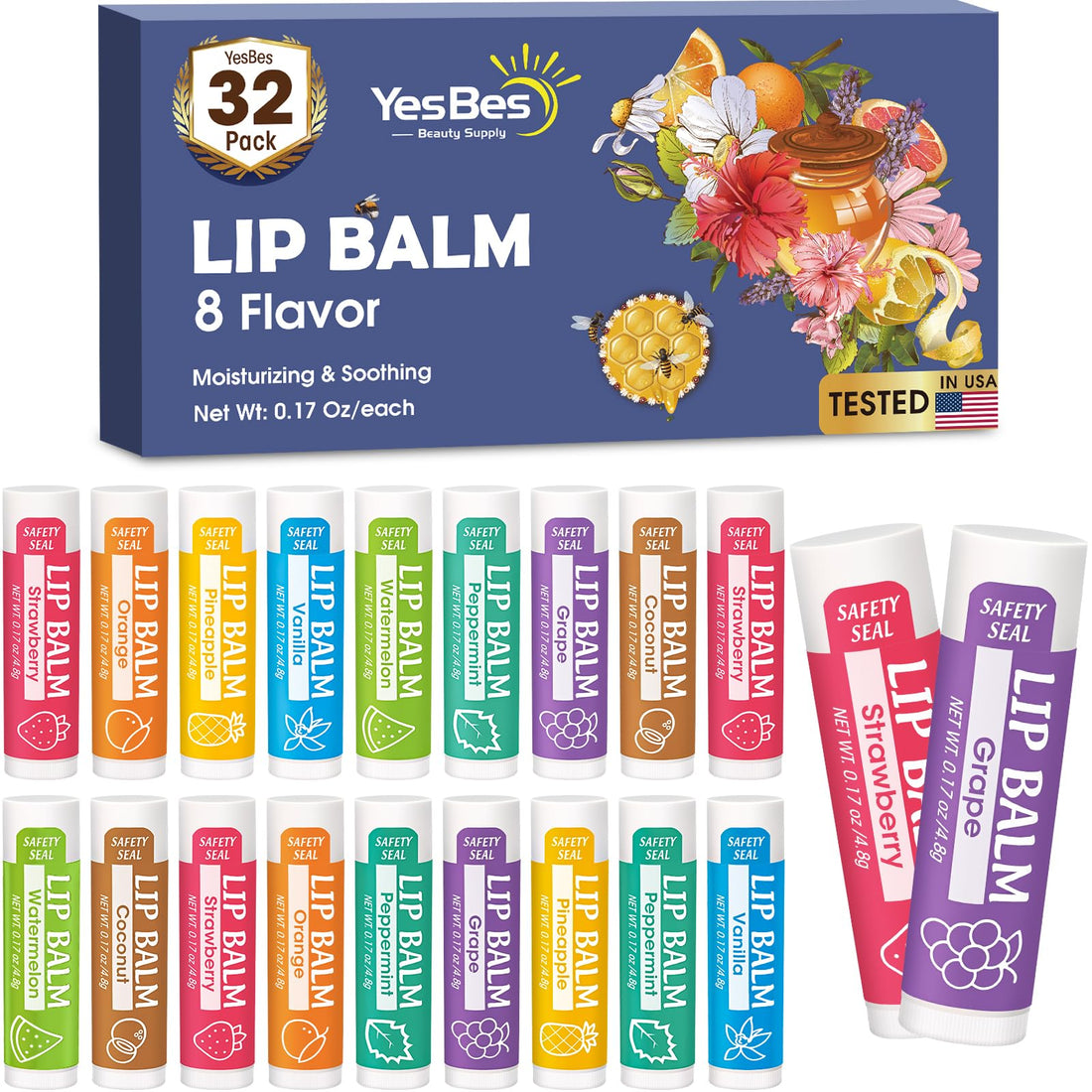 YesBes 32 Pack Lip Balm, Natural Lip Balm Bulk with Vitamin E and Coconut Oil, Moisturizing Lip Balms for Dry Cracked Lips, Lip Balms for Stocking Stuffers - 8 Flavors