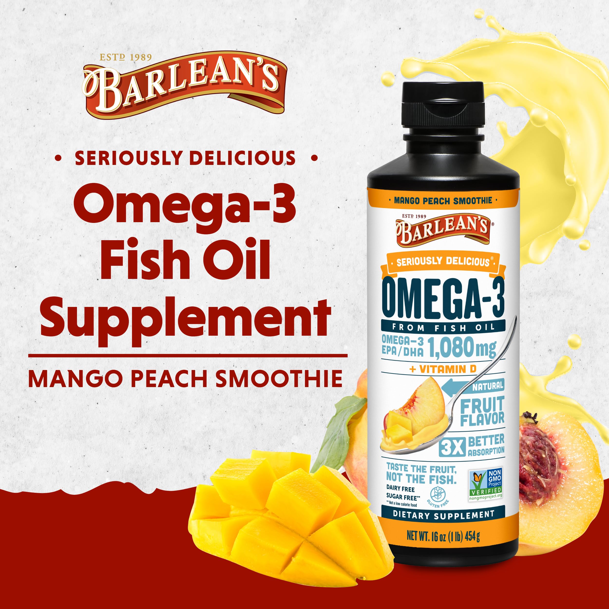 Barlean's Mango Peach Omega 3 Fish Oil Liquid Supplement with Vitamin D, 1080mg EPA & DHA Fatty Acid, Smoothie Flavored & Burpless for Brain, Joint, & Heart Health, 16 oz