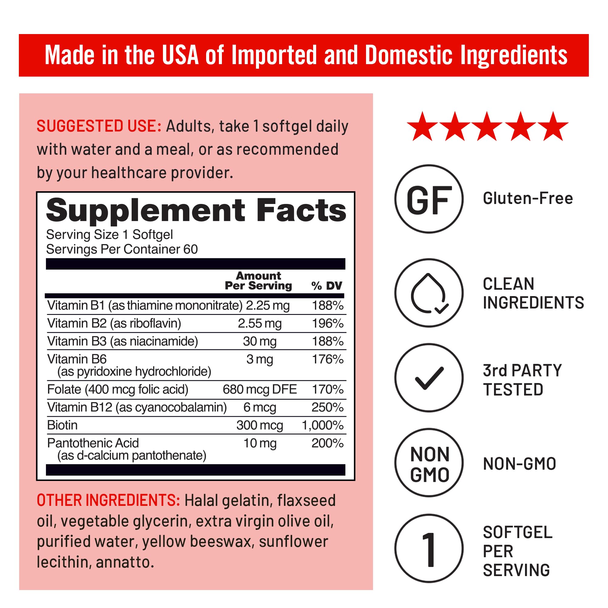 NatureWise Vitamin B Complex for Women and Men - with Folic Acid Biotin B1 B2 B3 B6 B12 - Support Cellular Energy & Mental Clarity - Gluten & Dairy Free, Non-GMO - 60 Softgels[2-Month Supply]