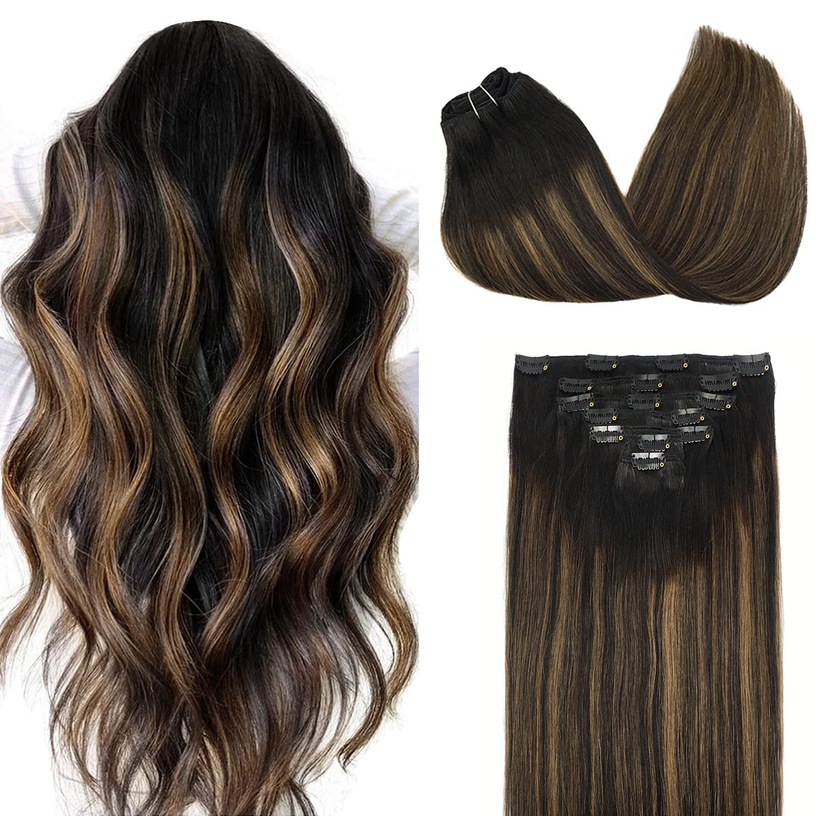 Missstar Hair Misstar 18inch Balayage Remy Clip in Human Hair Extensions Ombre Black to Chesnut Brown 7pcs 120g Clip in Hair Extensions Human Hair 1B/6/1B 120g