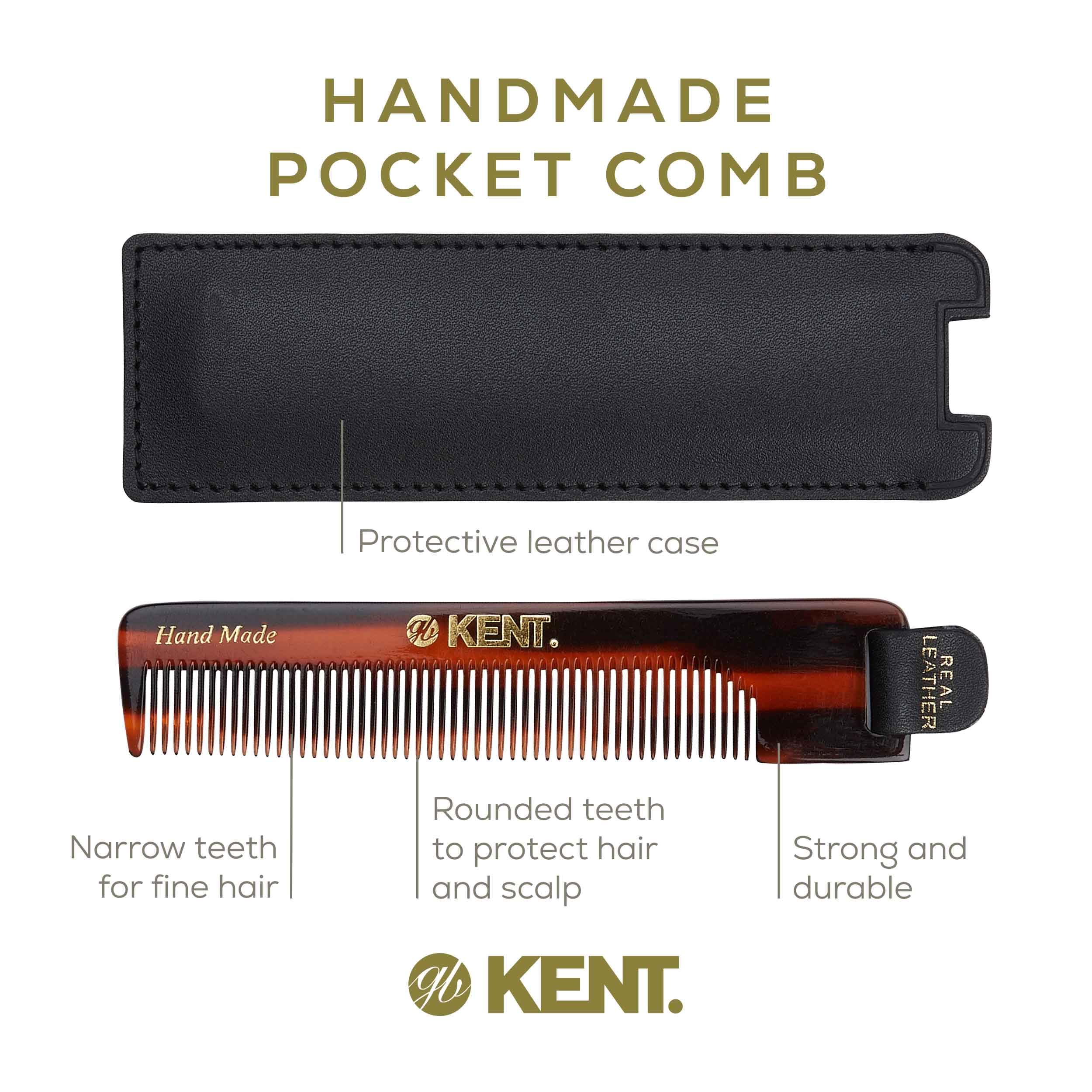 Kent Authentic Handmade Fine Comb With Leather tab and Leather Case, Dark Brown, 120mm