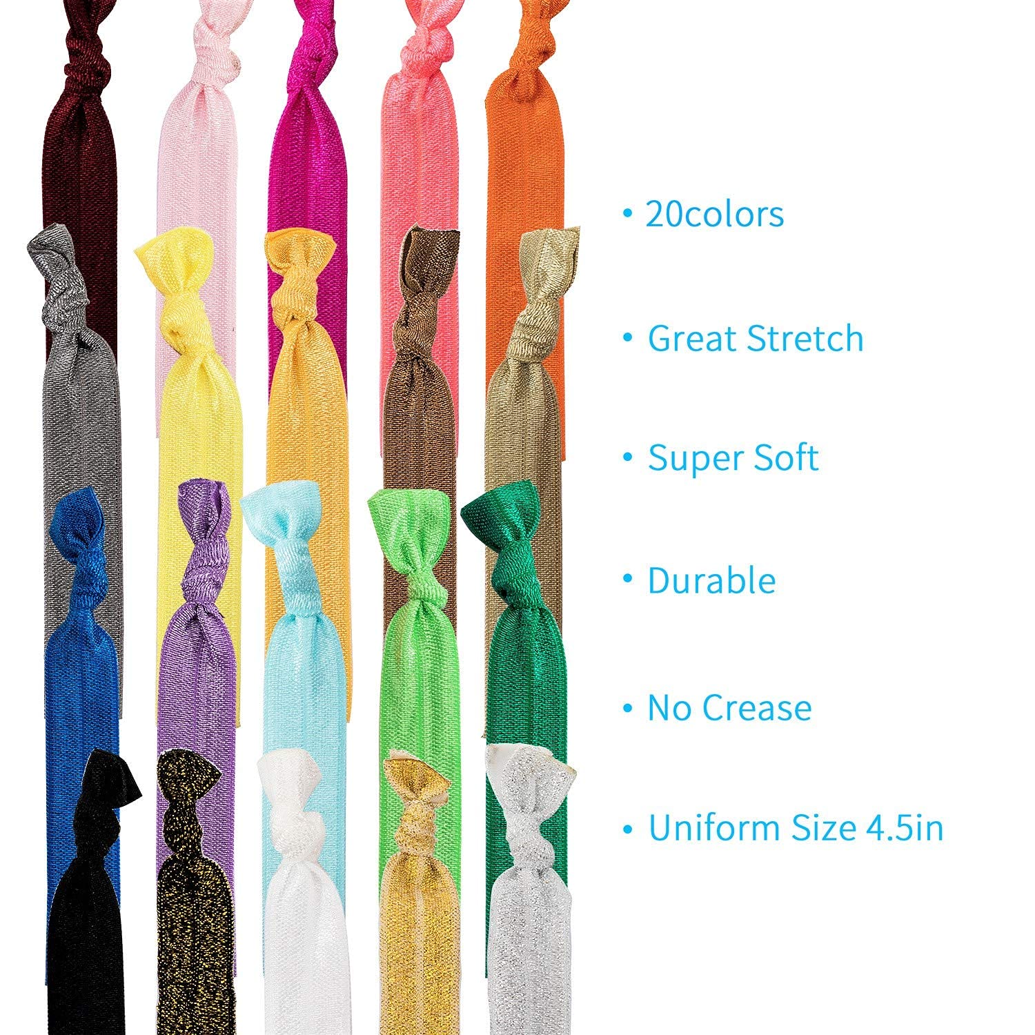 Elastic Hair Ties, No Crease Ouchless Ribbon Ponytail Holders, Bows Rubber Yoga Twist Hair Bands Accessories, Hand Knotted Fold Over Printed Patterns and Solid Colors (100 pack)