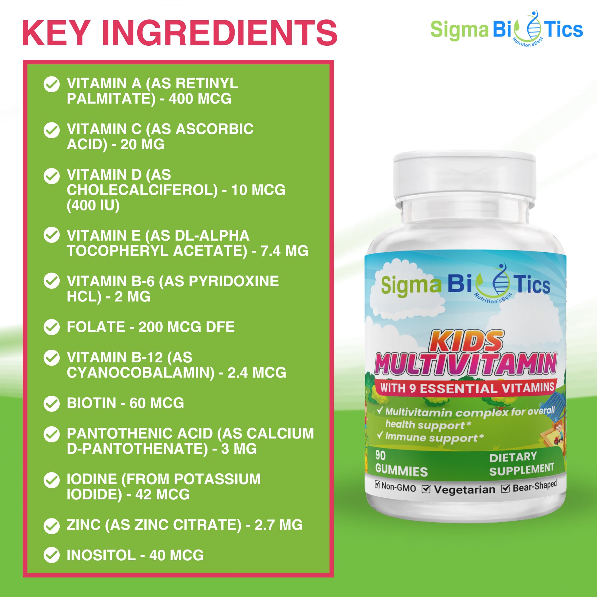 SigmaBiotics Kids Multivitamin Gummies - Bear-Shaped Kids Vitamin Gummies for Immune Support and Growth - Non-GMO, Vegetarian Daily Gummies - Exciting Flavors - Multivitamins for Kids - 45 Servings