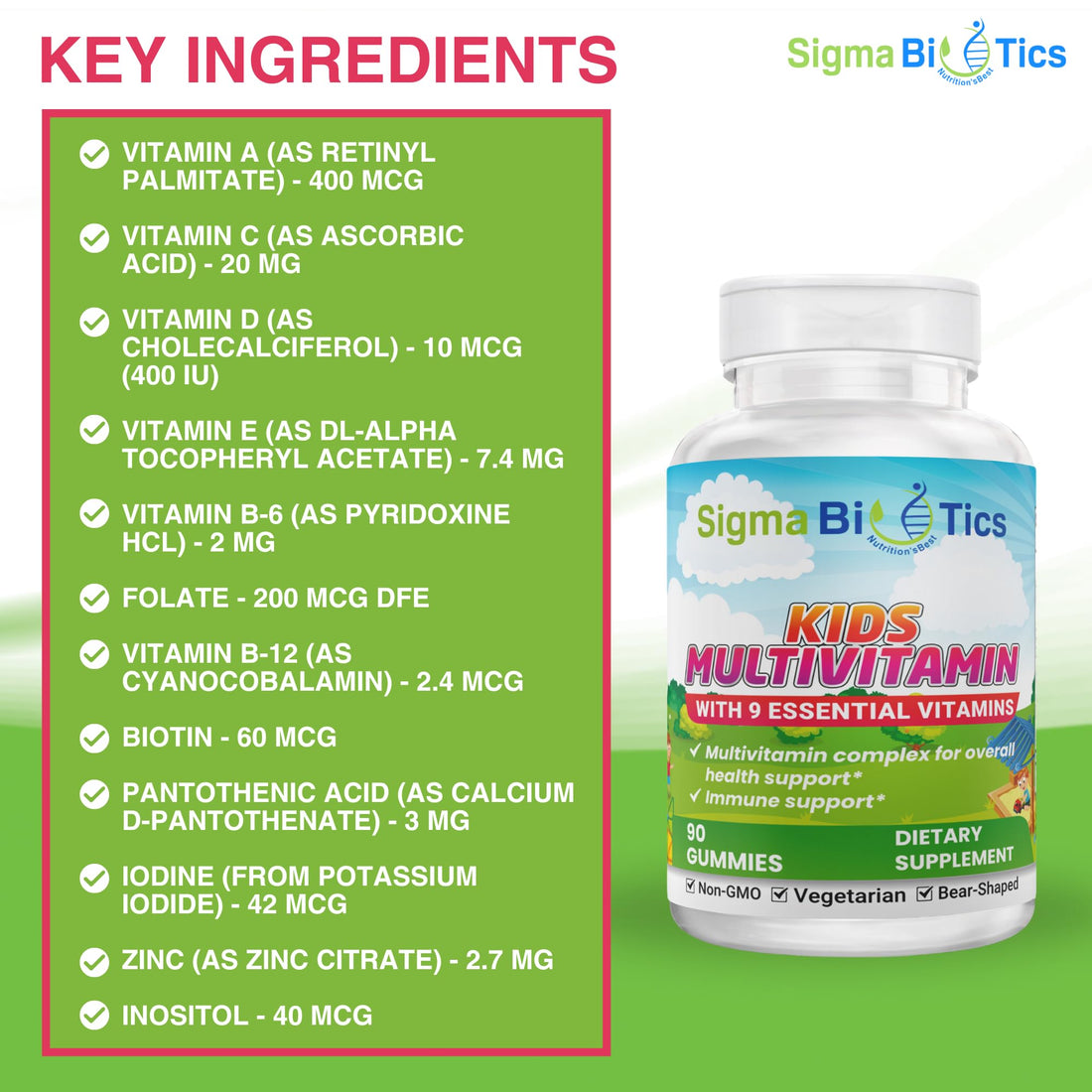 SigmaBiotics Kids Multivitamin Gummies - Bear-Shaped Kids Vitamin Gummies for Immune Support and Growth - Non-GMO, Vegetarian Daily Gummies - Exciting Flavors - Multivitamins for Kids - 45 Servings