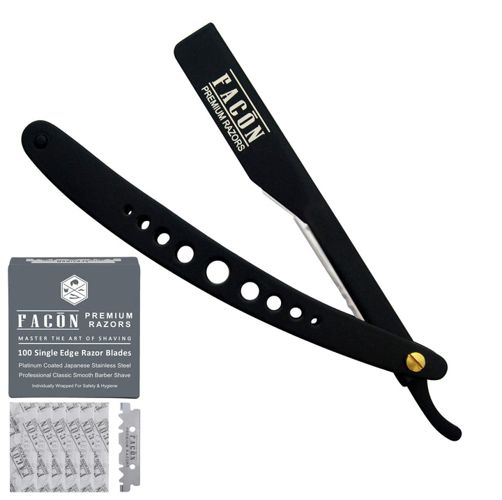 Facón Professional Straight Edge Barber Razor/Rasoirs/Rasoi with Adjustable Tension Screw - Salon Grade Quality Cut Throat Shavette - Japanese Stainless Steel - Black & Gold Limited Edition Gift Box