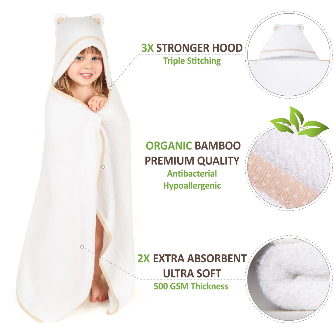 Premium Toddler Towels with Hood | Rayon Made from Bamboo Toddler Bath Towel | Large Hooded Towels for Toddlers | Toddler Towels for Girl Boy (White)