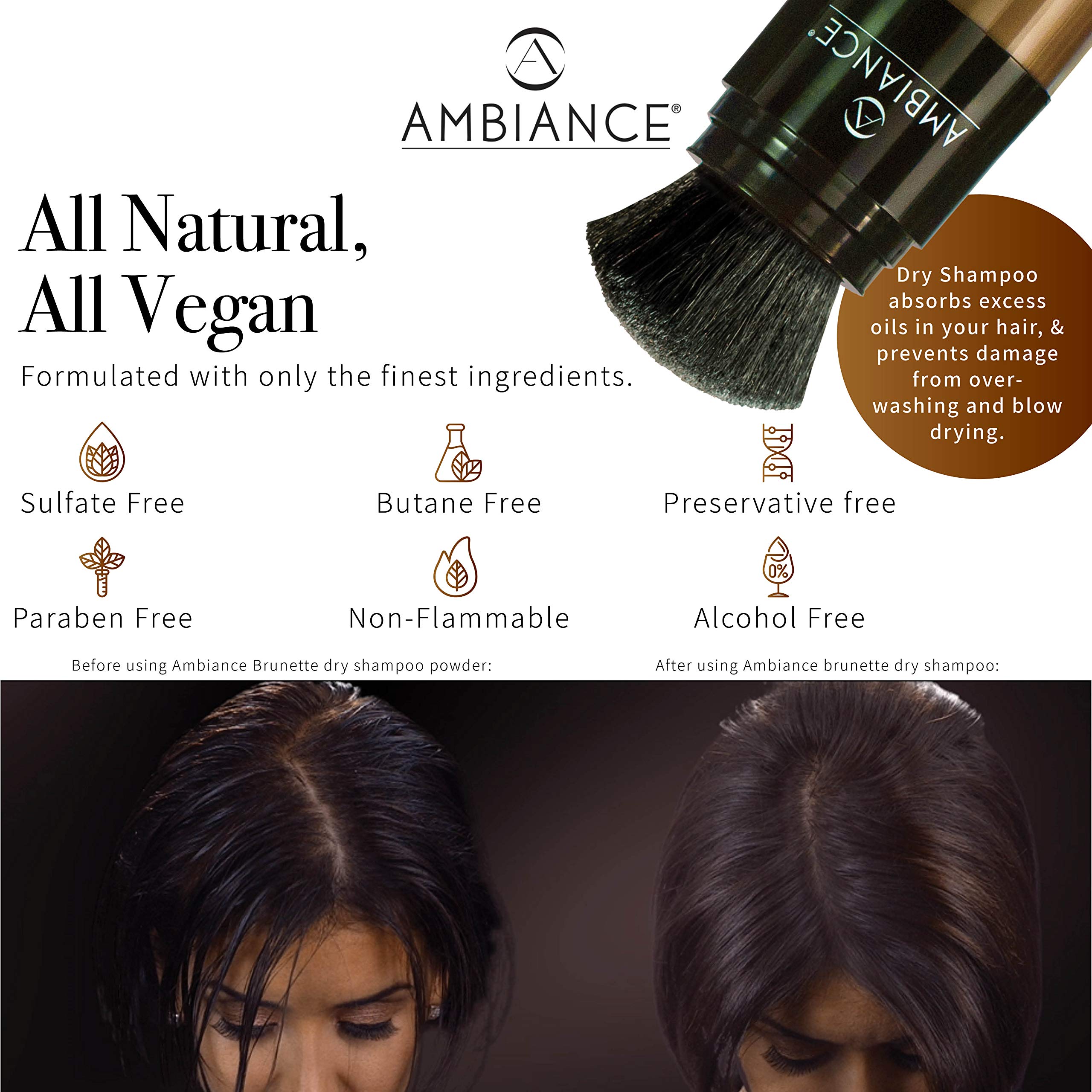 Ambiance Natural Dry Shampoo Powder & Brush for Dark Hair - Non Aerosol Travel Size Brunette Tinted Shampoo - Non Toxic, Benzene Free - Volumizing, Refreshes Oily Hair & Covers Roots Between Colorings
