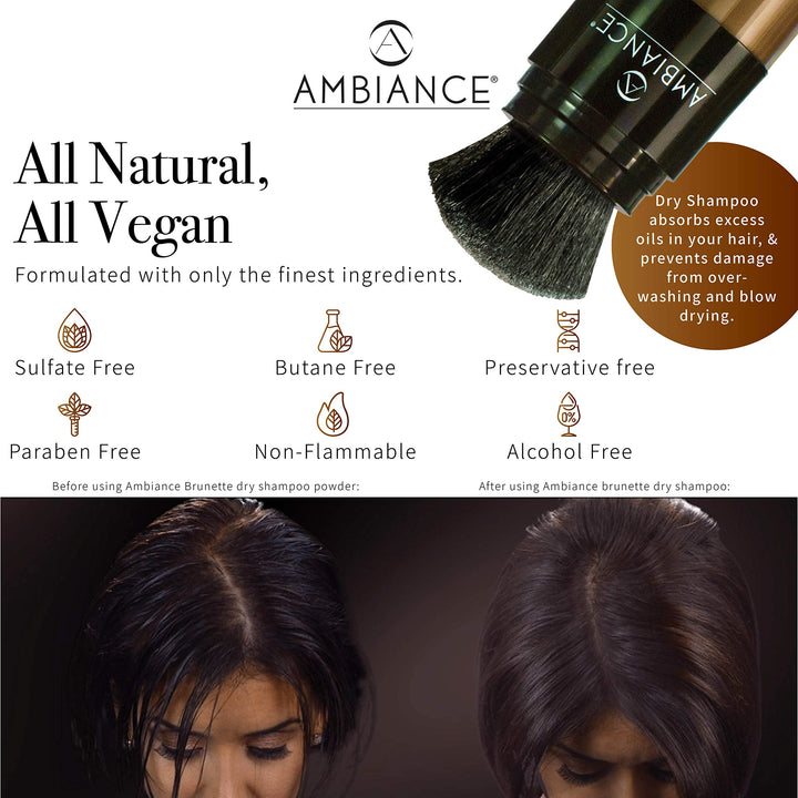 Ambiance Natural Dry Shampoo Powder & Brush for Dark Hair - Non Aerosol Travel Size Brunette Tinted Shampoo - Non Toxic, Benzene Free - Volumizing, Refreshes Oily Hair & Covers Roots Between Colorings