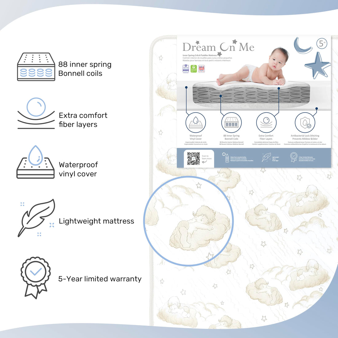 Dream On Me Twilight 5” 88 Coil Inner Spring Crib And Toddler Mattress, Greenguard Gold Certified, 10 Year Limited Warranty, Waterproof Vinyl Cover, Made In The U.S.A, Support And Comfort