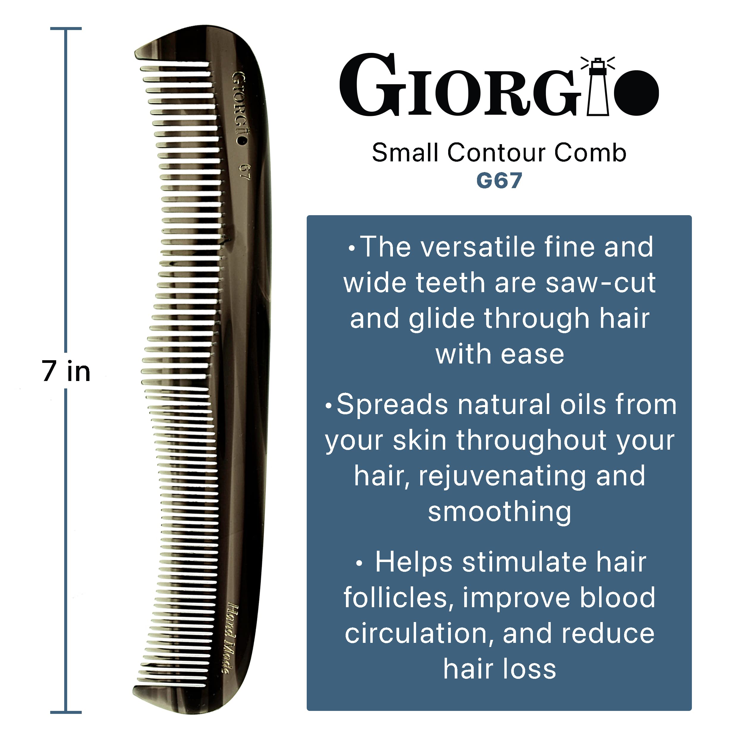 Giorgio G67 7 Handmade Black Flexible Contour Comb. Wide Teeth Flexible Comb. Hand-Made of quality.