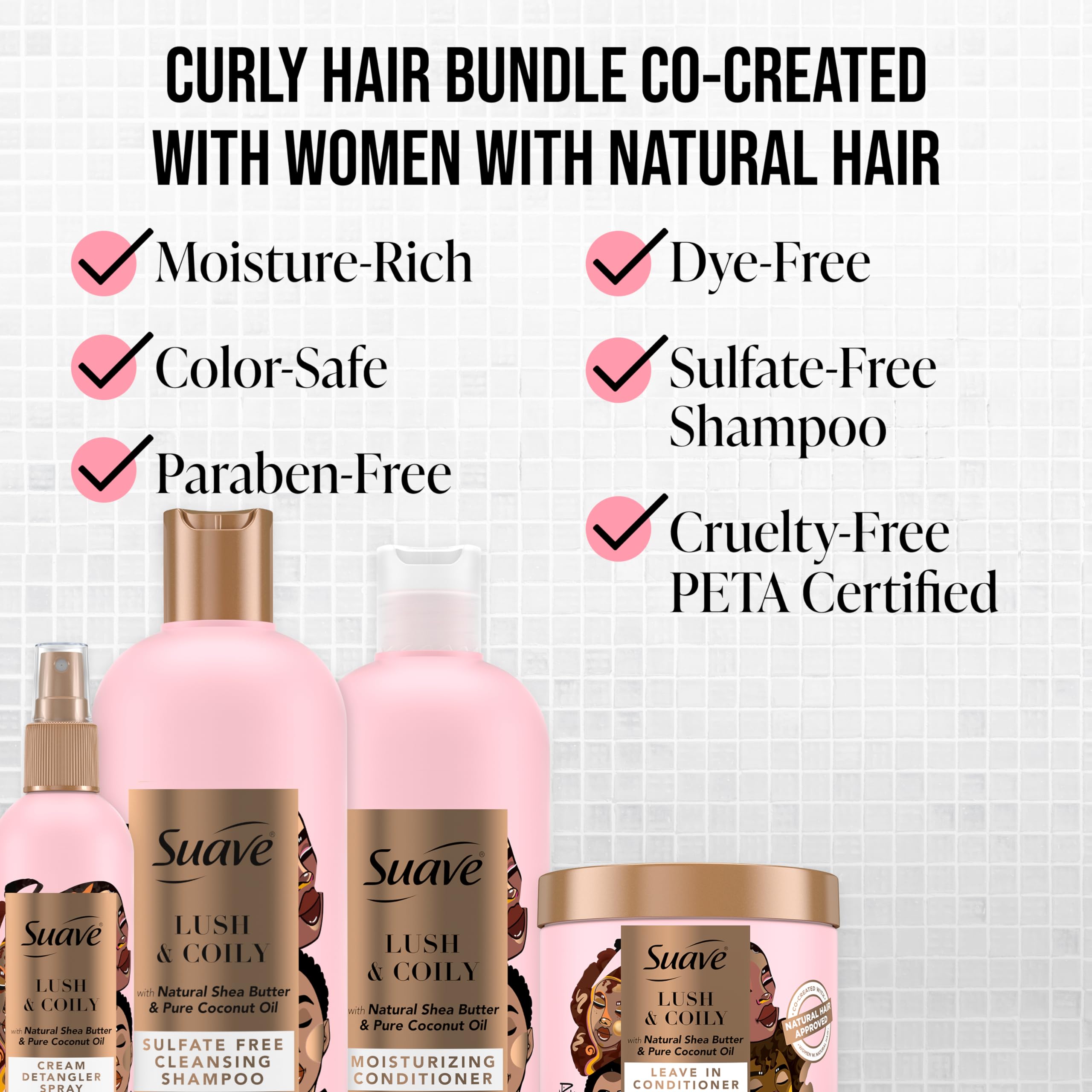 Suave Luscious Curly Hair Shampoo and Conditioner Set for Women With Natural Hair, with Leave-In Conditioner for Curly Hair and Detangling Spray, 4 Count