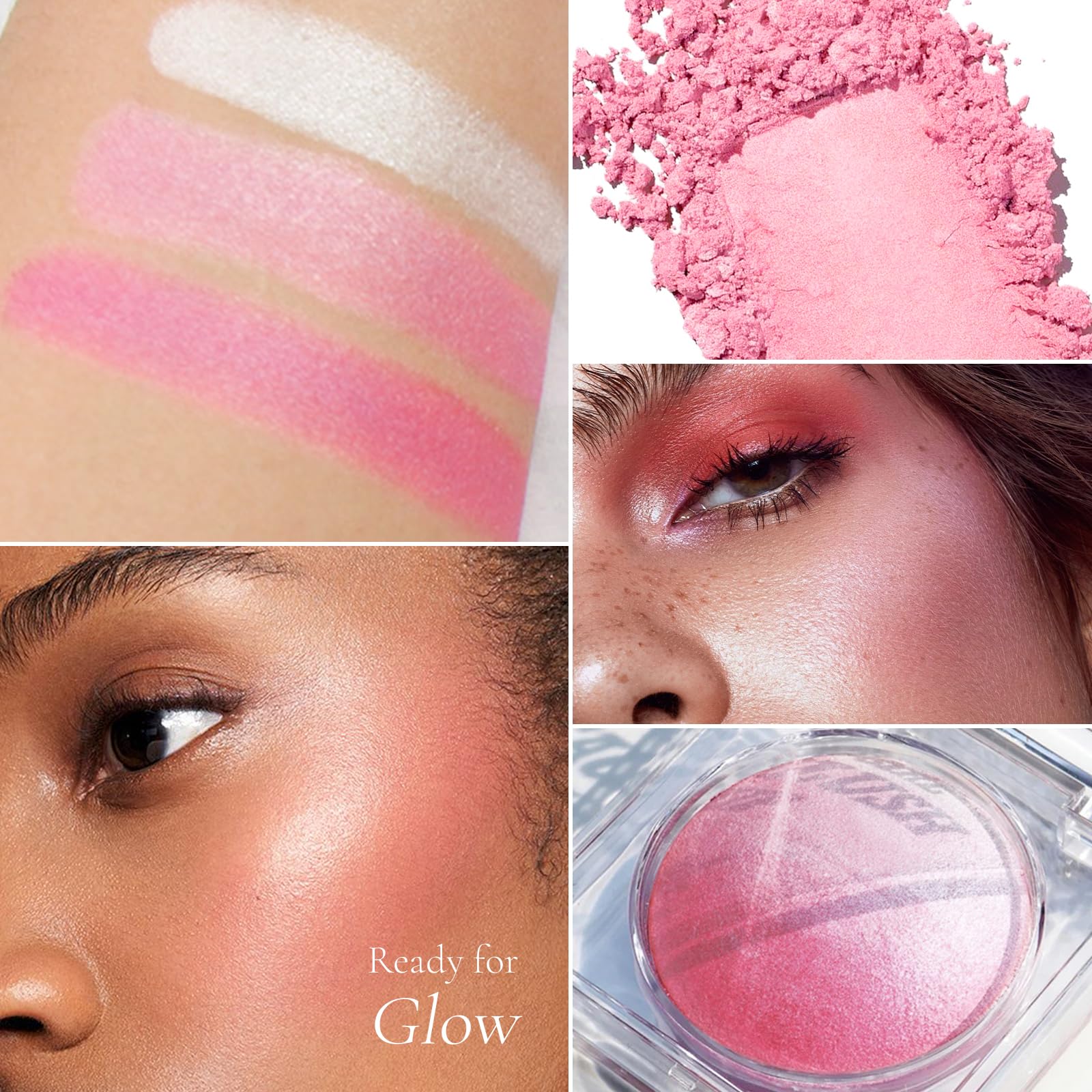 KYDA Pink Baked Blush, Pink Glow Powder for Blush and Highlighter, High Glossy Finish, Lightweight Blendable Shimmer Blusher, Multiuse Baked Powder, 0.53 oz