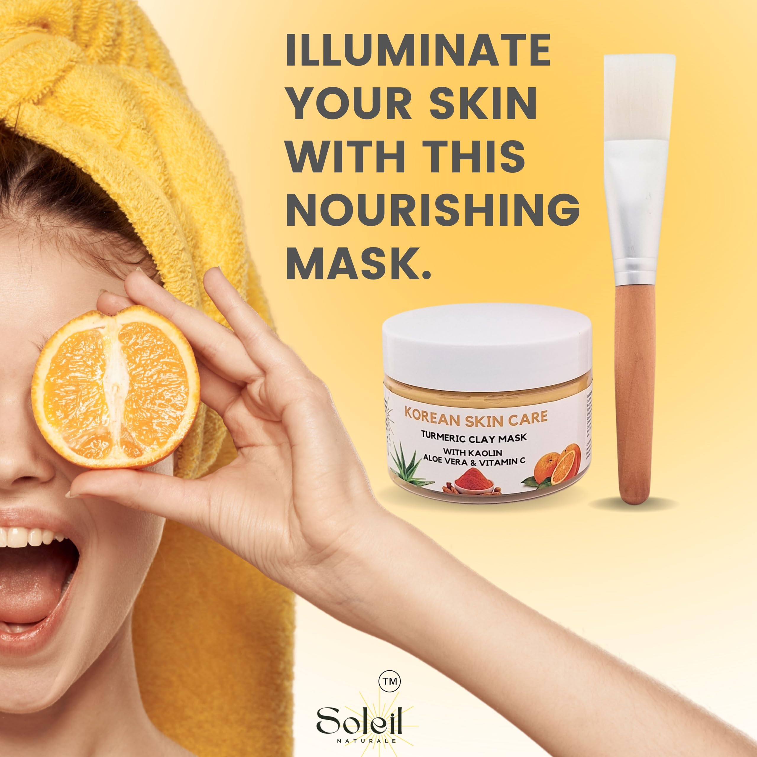 Korean Skin Care - Organic Turmeric Clay Mask Kit with Kaolin, Aloe Vera, Vitamin C, Shea Butter, Cruelty Free - Wooden Brush, Soft Cleansing Pad Cosmetic Remover