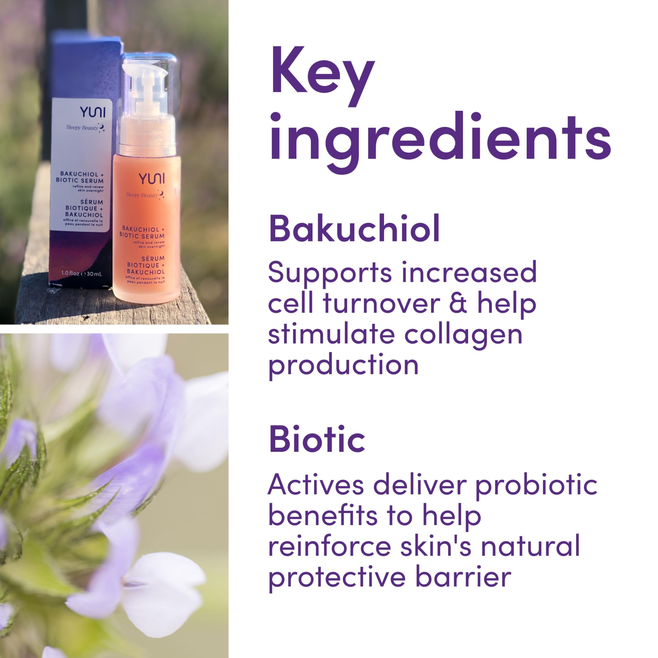 YUNI Sleepy Beauty Bakuchiol and Biotic Face Serum, Natural Retinol Alternative, Refine and Renew Skin Overnight, 1 fl. oz.