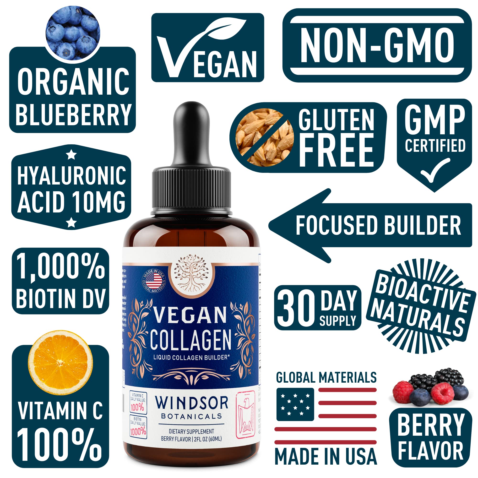 WINDSOR BOTANICALS Vegan Collagen Builder Liquid Supplement - Collagen Booster with Vitamin C, Biotin, Hyaluronic Acid & Amino Acids - Organic Fruit & Vegetable Blend - 60ml, 30 Day